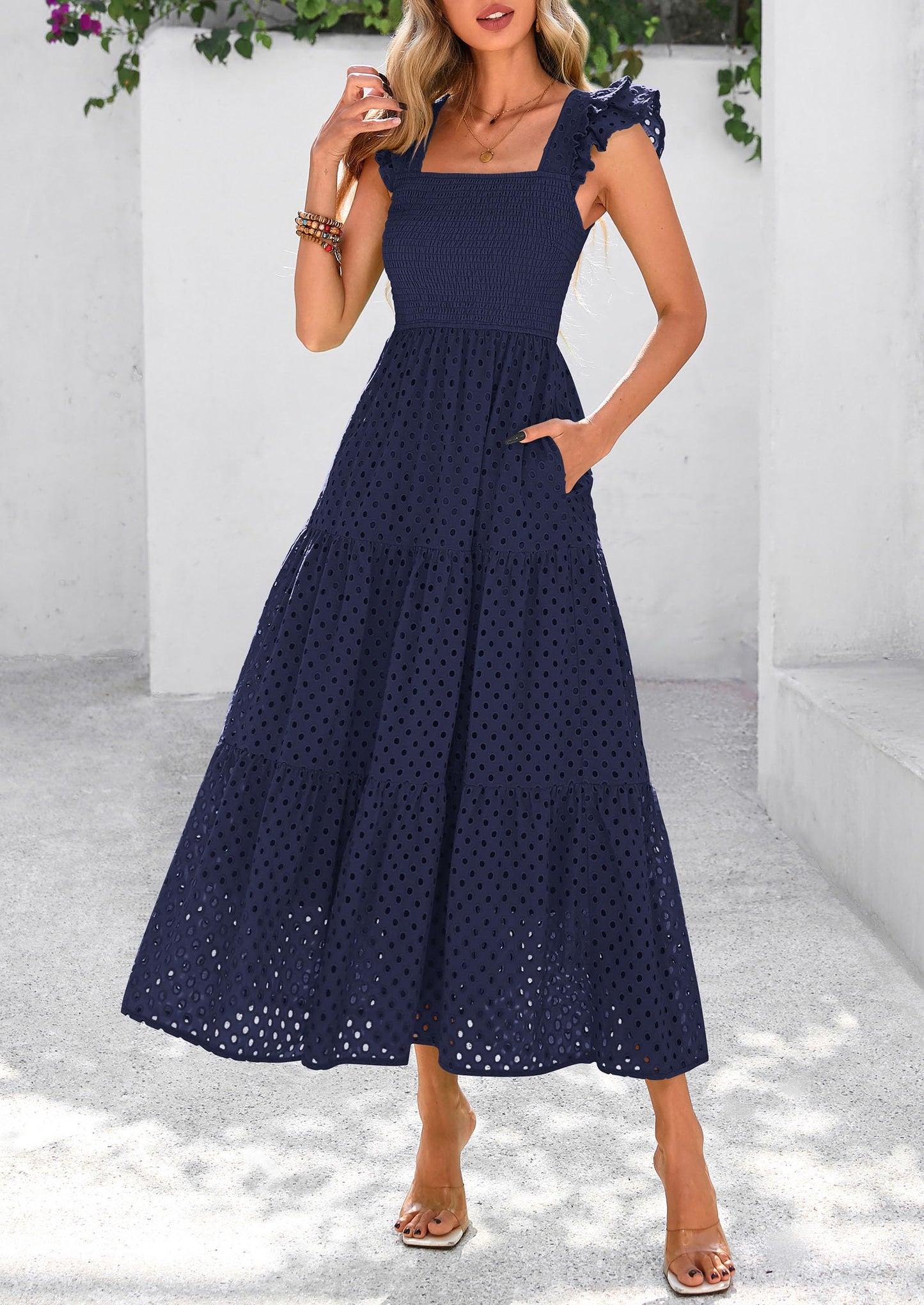 Womens Square Neck Maxi Dresses Cap Sleeve Eyelet Smocked Tiered A Line Flowy Long Dress with Pockets
