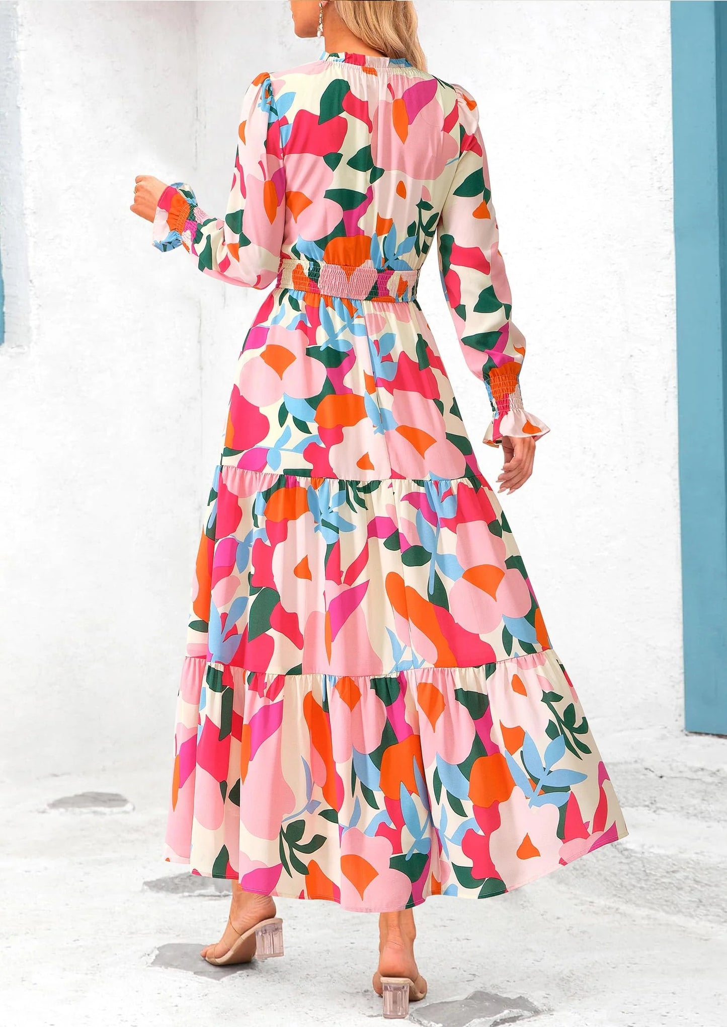 Women's Floral Maxi Dress Spring Long Sleeve V Neck Casual A Line Long Flowy Boho Party Dresses