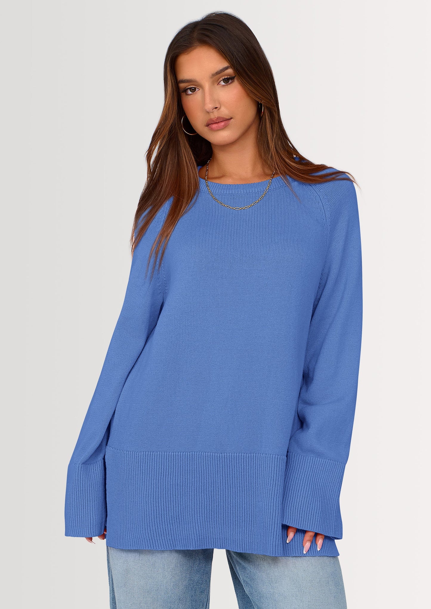 Women's Knit Fall Sweaters Long Sleeve Pullover Crewneck Split Hem Oversized Tunic Sweater Tops Winter Clothing