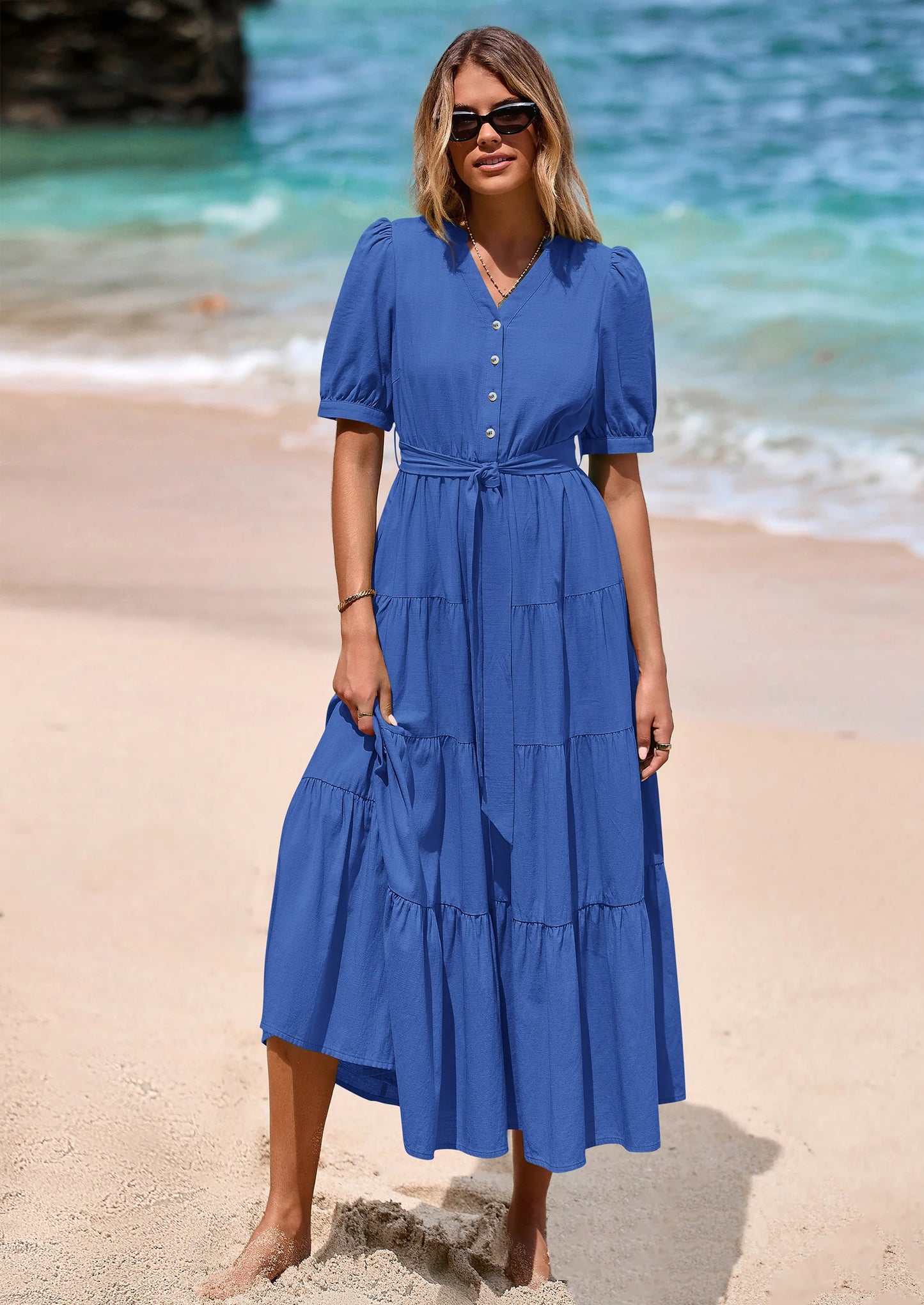Women's Midi Dress Casual Short Sleeve V Neck Buttons Belted Ruffle A Line Flowy Dress with Pockets