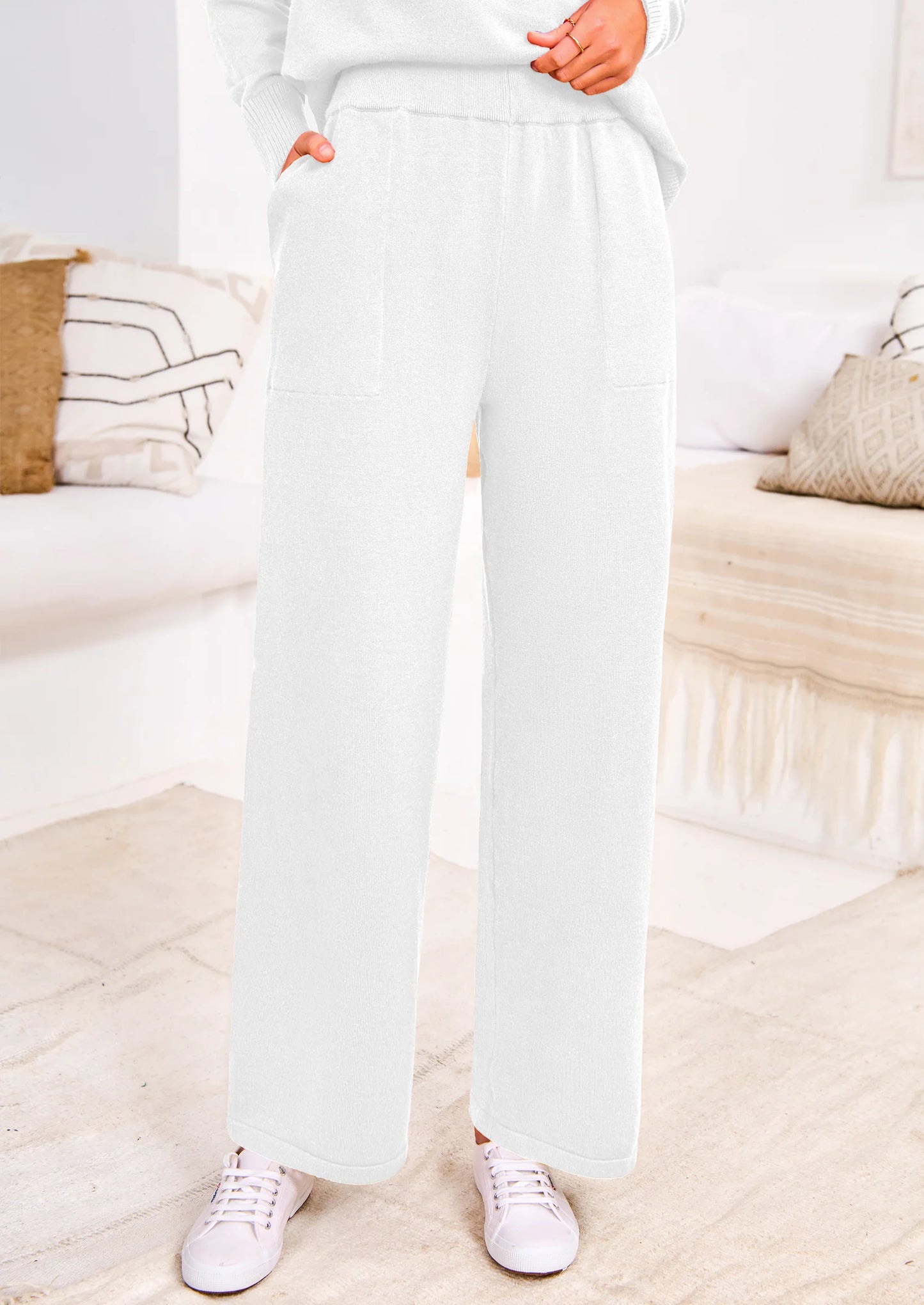 Two Piece Matching Sweater Lounge Sets Knit Long Sleeve Pullover Tops Wide Leg Pants