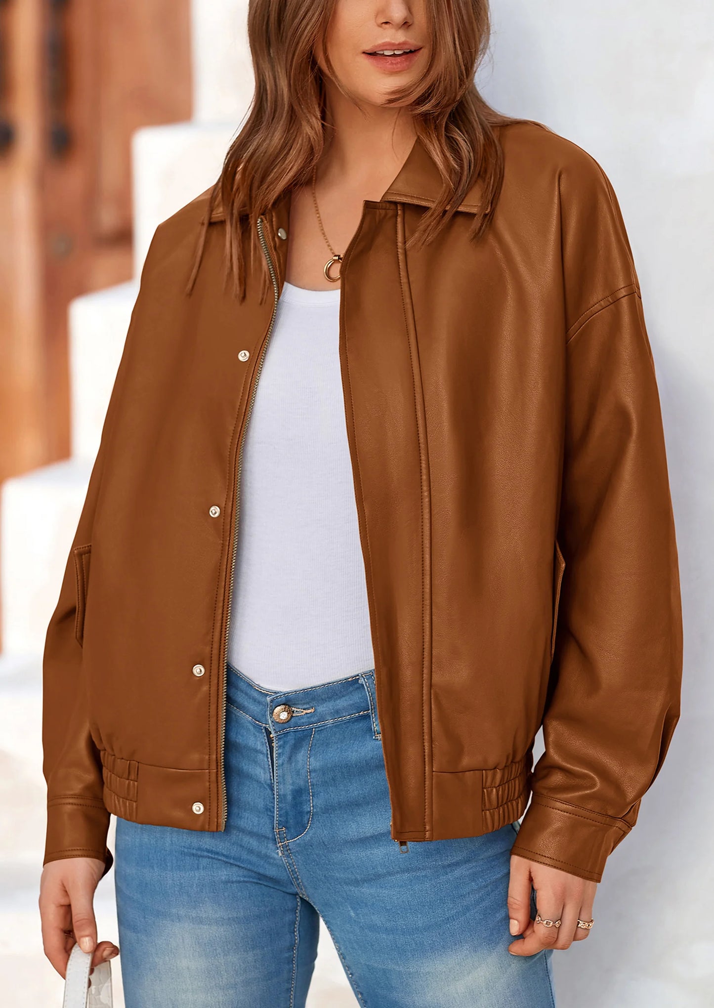 Women's Faux Leather Motorcycle Jacket Trendy Fall Spring Clothes Oversized Zip Up Winter Coat Outerwear