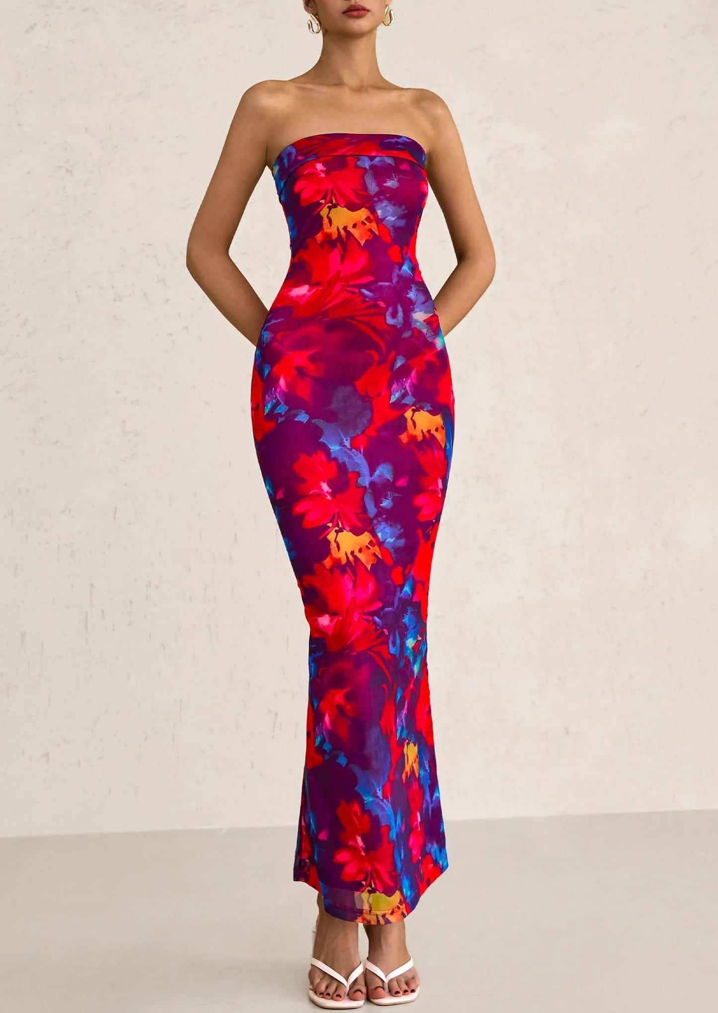 Womens Printed Tube Maxi Dress Strapless Bodycon Sleeveless Night Out Long Dresses