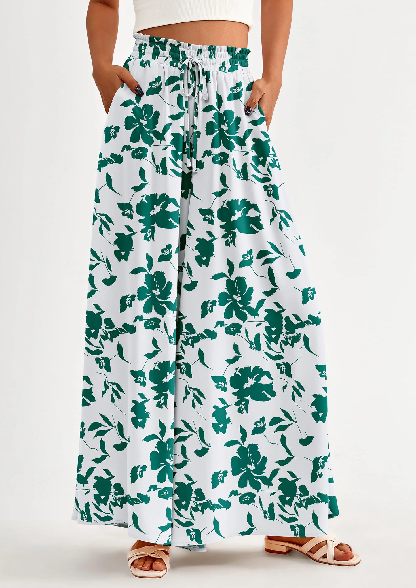 Women's Summer Wide Leg Palazzo Pants High Waisted Flowy Pockets Trendy Casual Lounge Boho Beach Trousers