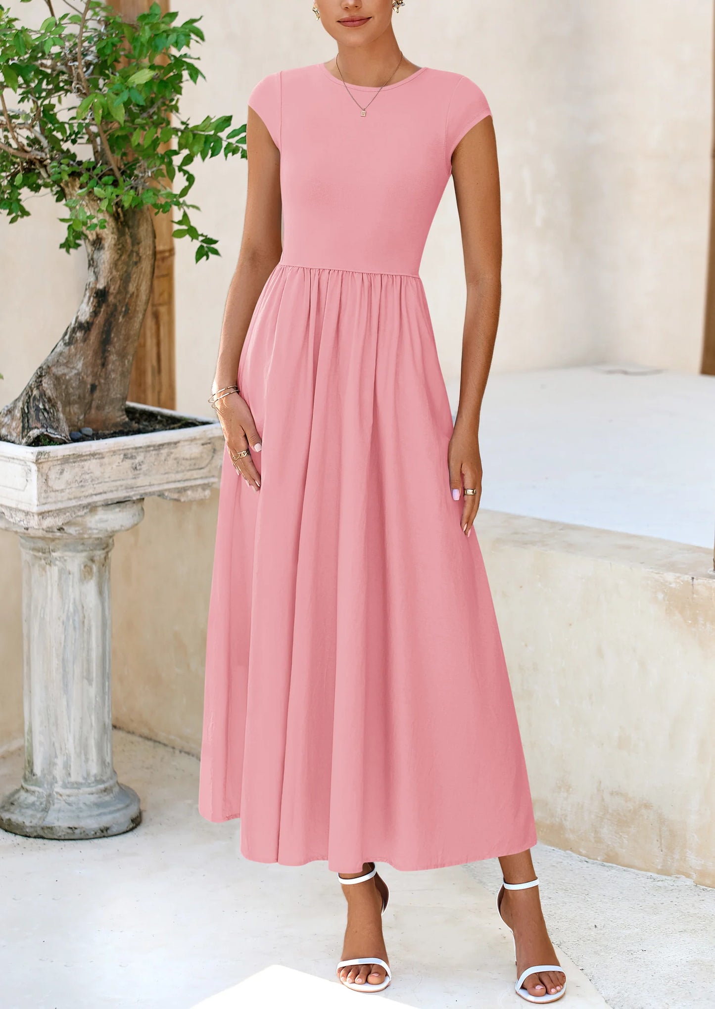 Women's Casual Long Dresses Cap Sleeve Patchwork A Line Flowy Modest Elegant Homecoming Maxi Dress