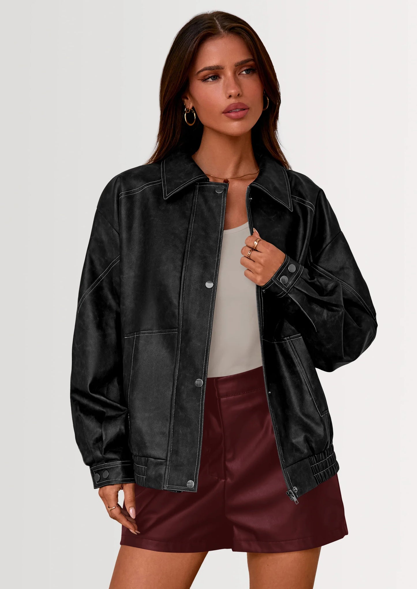 Faux Leather Jacket Women Bomber Motorcycle Zip Up Jackets Oversized Fall Fashion Outfits Winter Coats