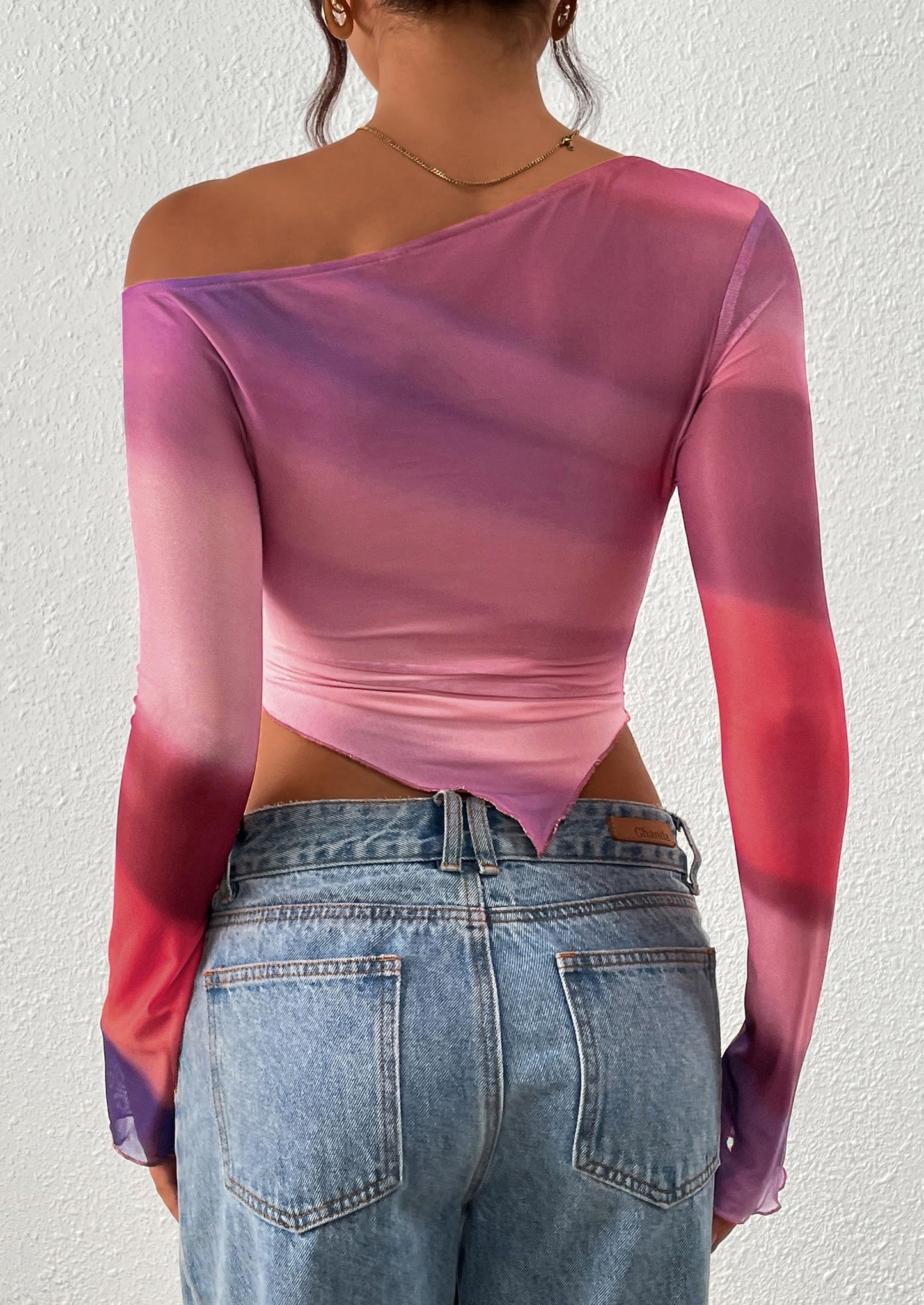 Womens Fall Trendy Off Shoulder Tops Tie Dye Mesh Long Sleeve Shirts Asymmetrical Ruched Floral Blouse