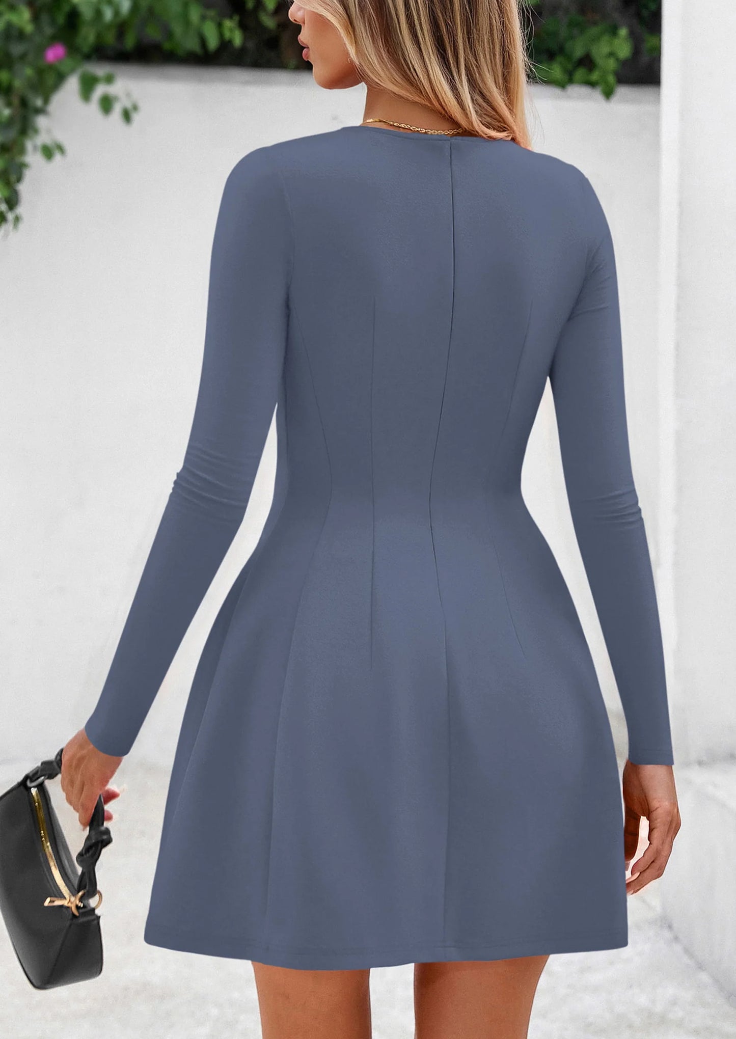 Long Sleeve Mini Dress for Women Fall Crewneck Knit Pleated Babydoll A Line Soft Casual Short Party Dresses