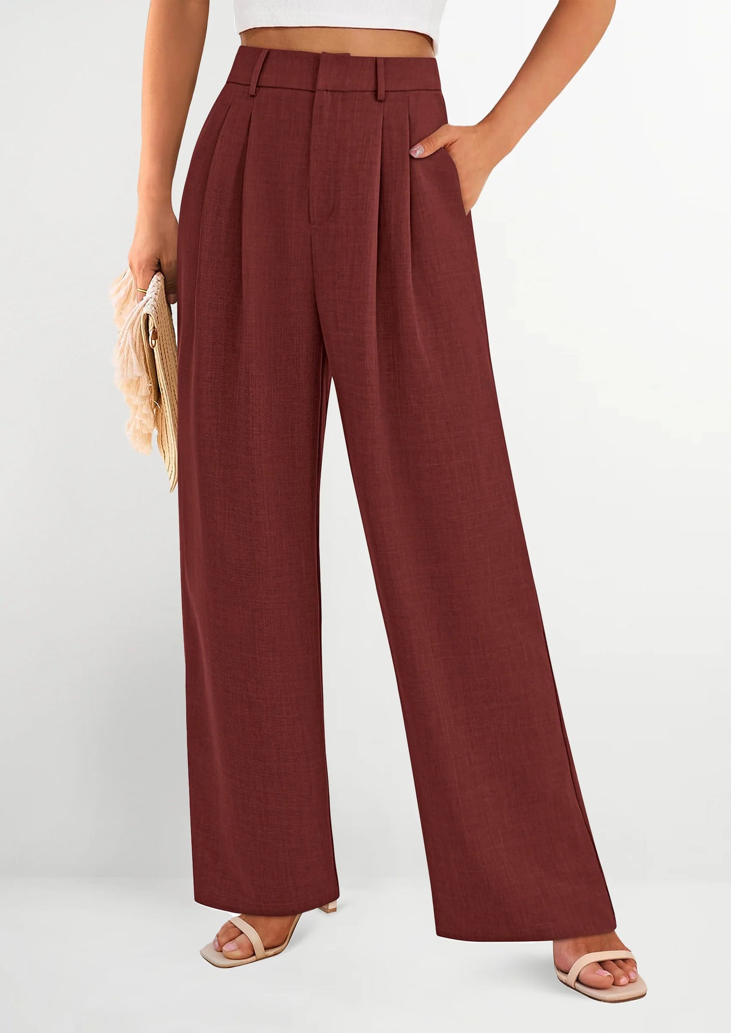 Women's Summer Elastic High Waisted Work Pants Straight Leg Dressy Business Casual Trousers Slacks Pockets