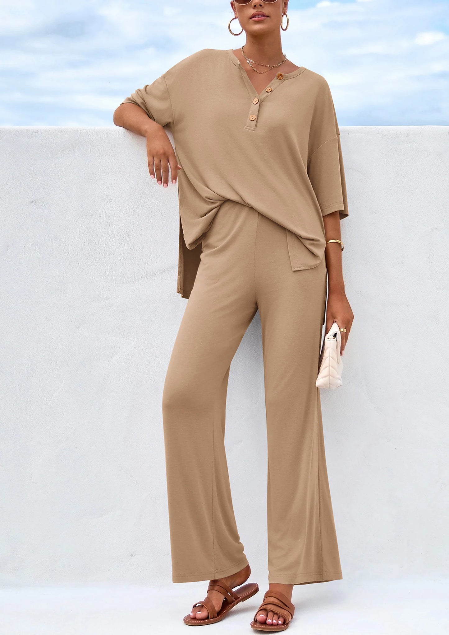 Women's 2 Piece Outfits Summer Casual V Neck Short Sleeve Tops Wide Leg Pants Matching Lounge Sets