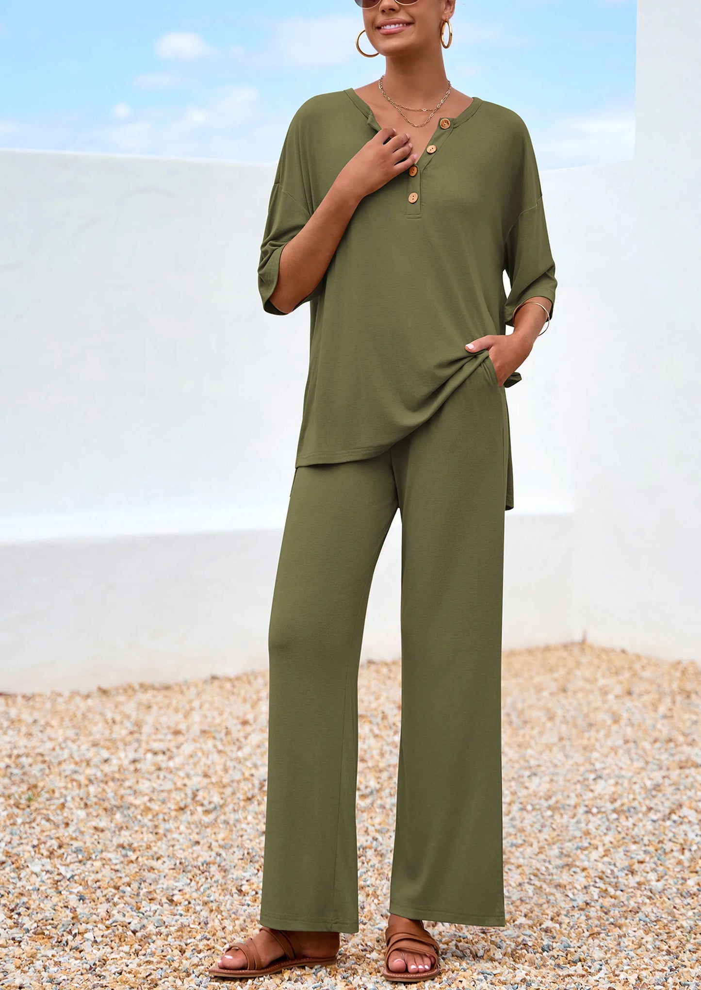 Women's 2 Piece Outfits Summer Casual V Neck Short Sleeve Tops Wide Leg Pants Matching Lounge Sets