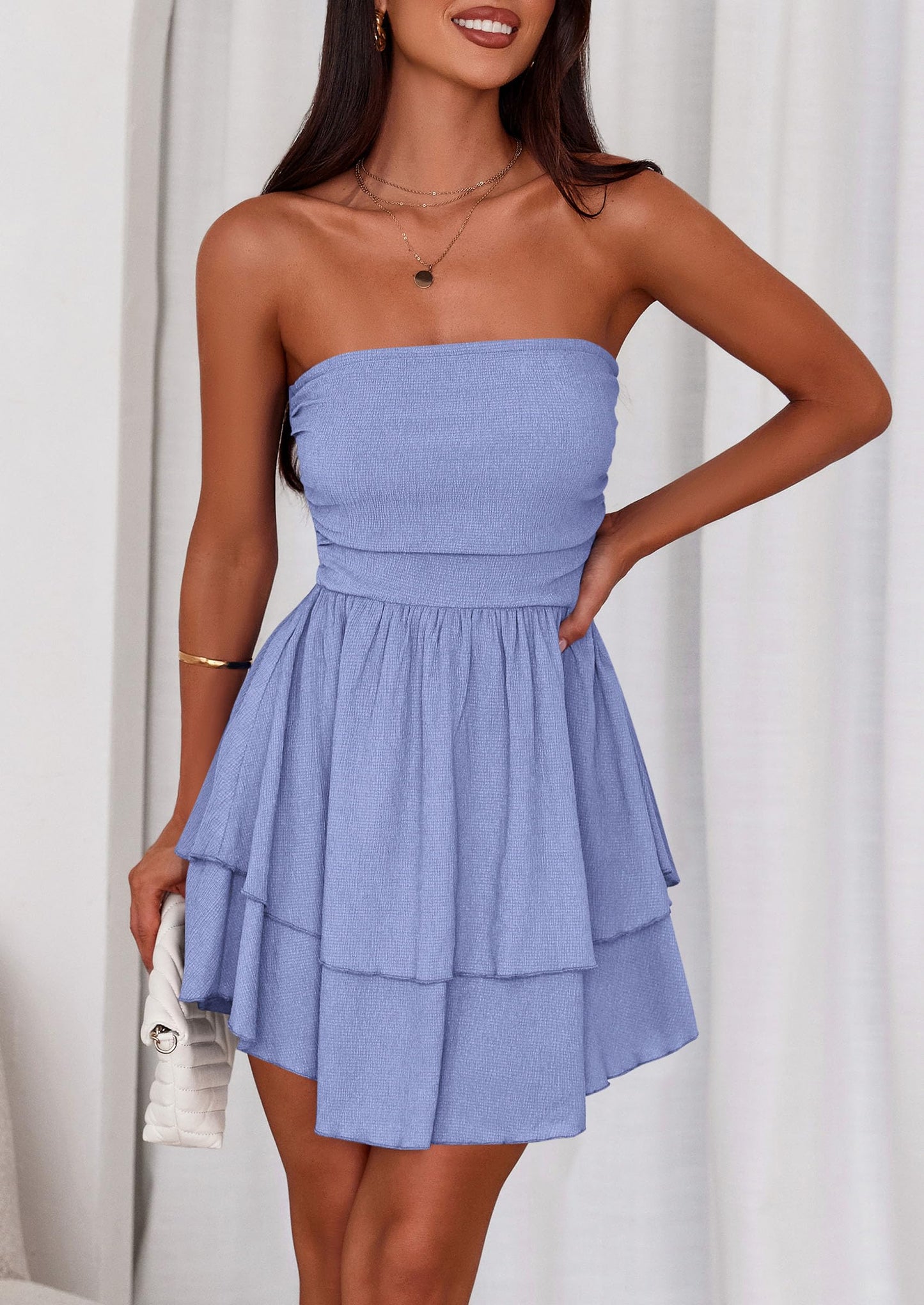 Women's Summer Strapless Tube Mini Dress Off Shoulder Smocked Ruffle A Line Flowy Short Party Club Dresses
