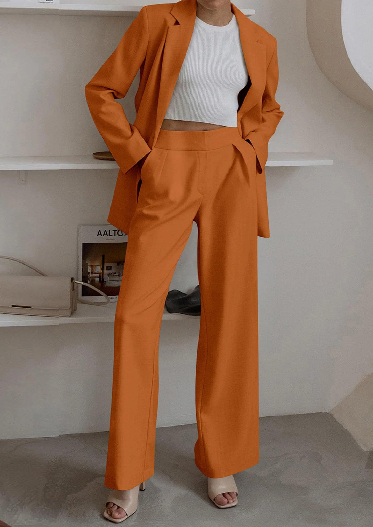 Women's Fall Two Piece Outfits Dressy Blazer Jacket and Wide Leg Pants Pockets Business Casual Office Suit Sets