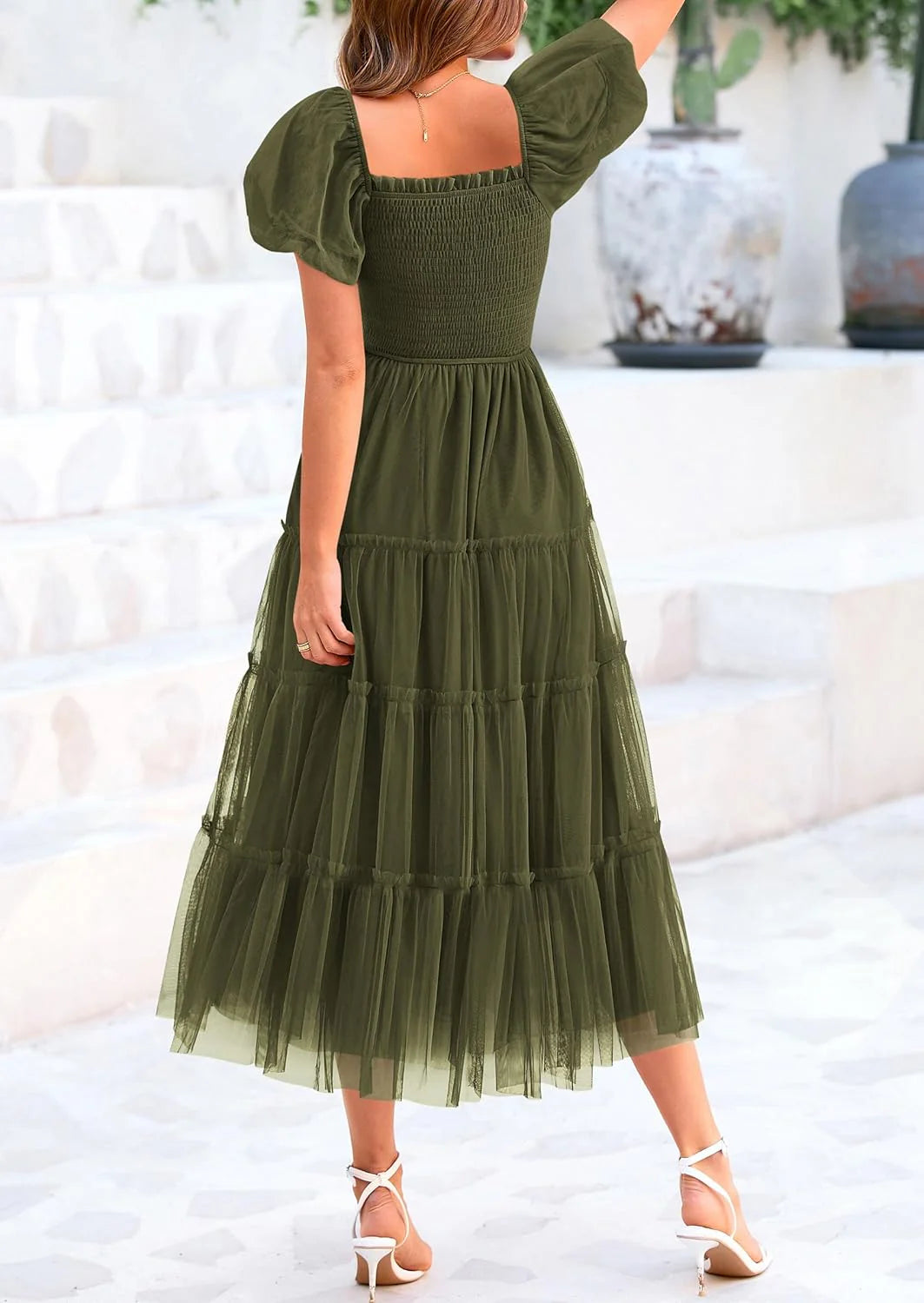 Women's Smocked Tulle Midi Dress Square Neck Puffy Short Sleeve Ruffle Wedding Guest Party Dresses