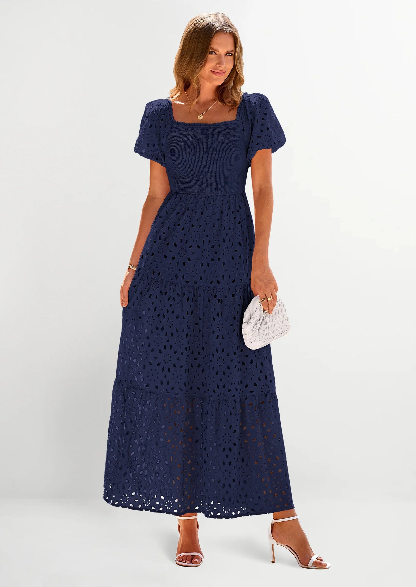 Dresses for Women Eyelet Square Neck Puff Sleeve Smocked Wedding Guest Maxi Dress with Pockets