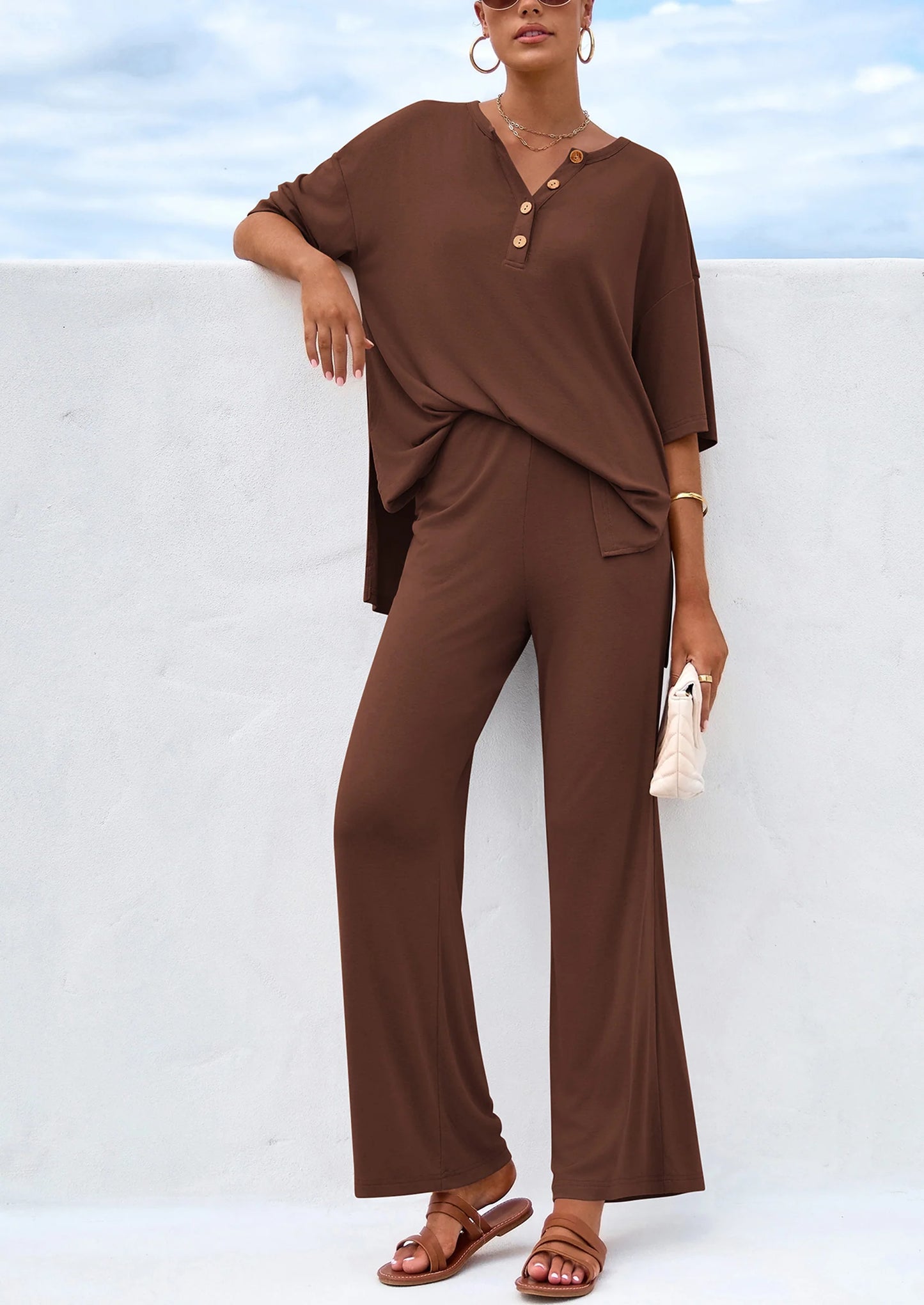 Women's 2 Piece Outfits Summer Casual V Neck Short Sleeve Tops Wide Leg Pants Matching Lounge Sets