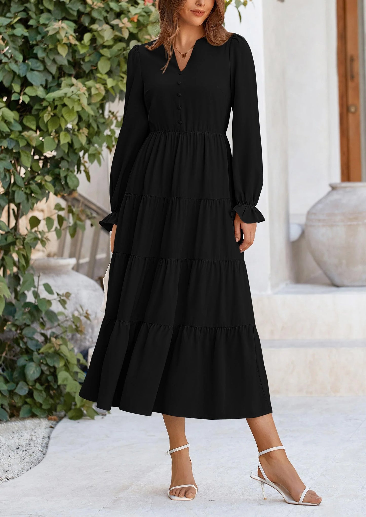 Women Fall Long Sleeve Smocked Maxi Dress Casual Square Neck Swiss Dot Tiered Ruffle Flowy Spring Pocket Dresses