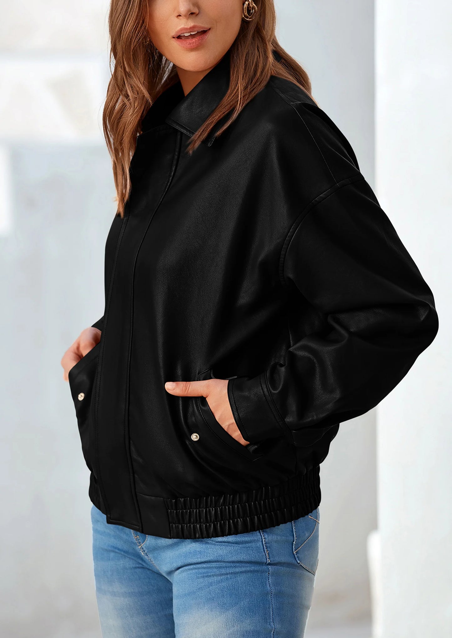 Women's Faux Leather Motorcycle Jacket Trendy Fall Spring Clothes Oversized Zip Up Winter Coat Outerwear