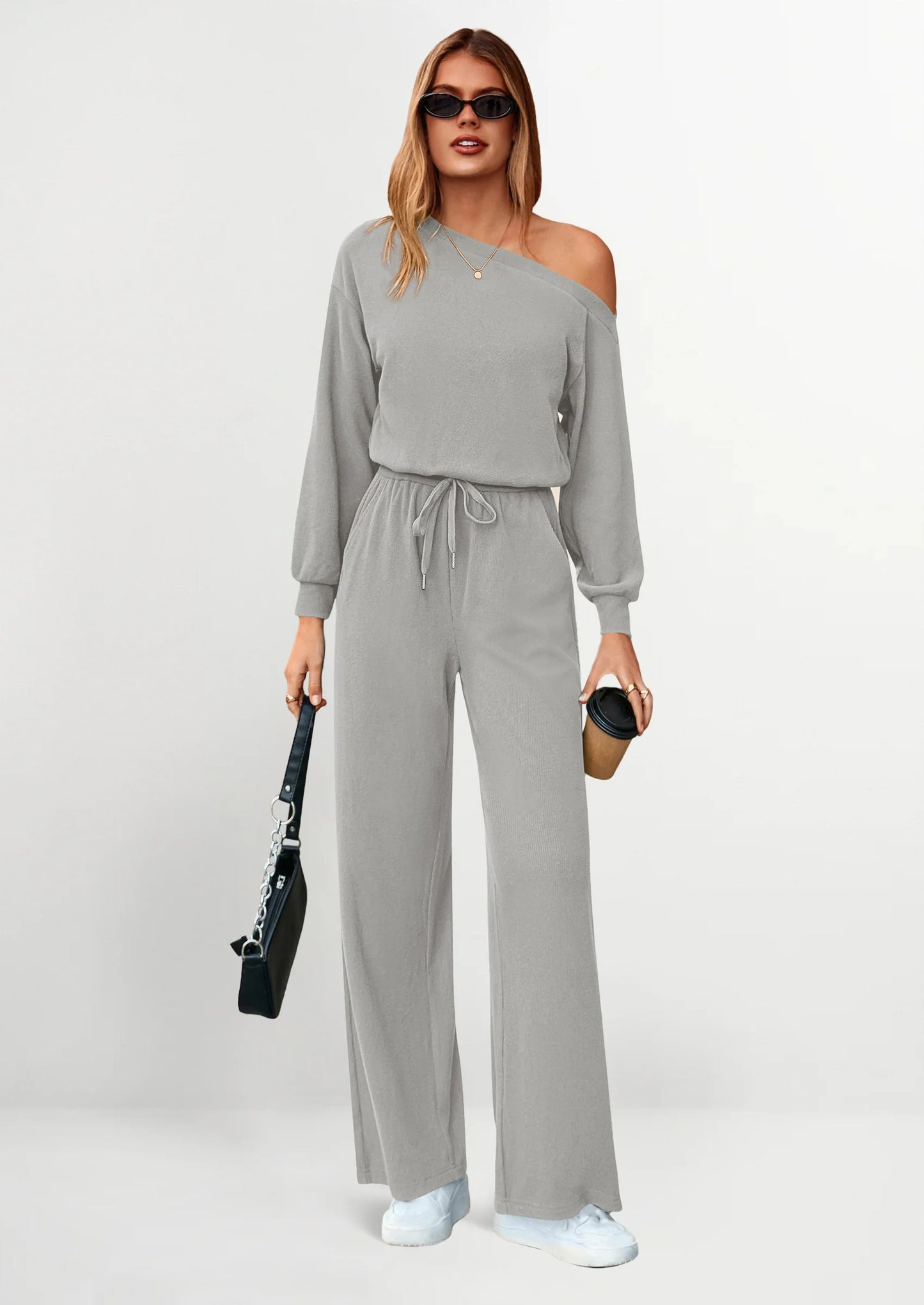 Long Sleeve Jumpsuit For Women Dressy Off Shoulder One Piece Loose Wide Leg Jumpsuits Casual Flowy Romper