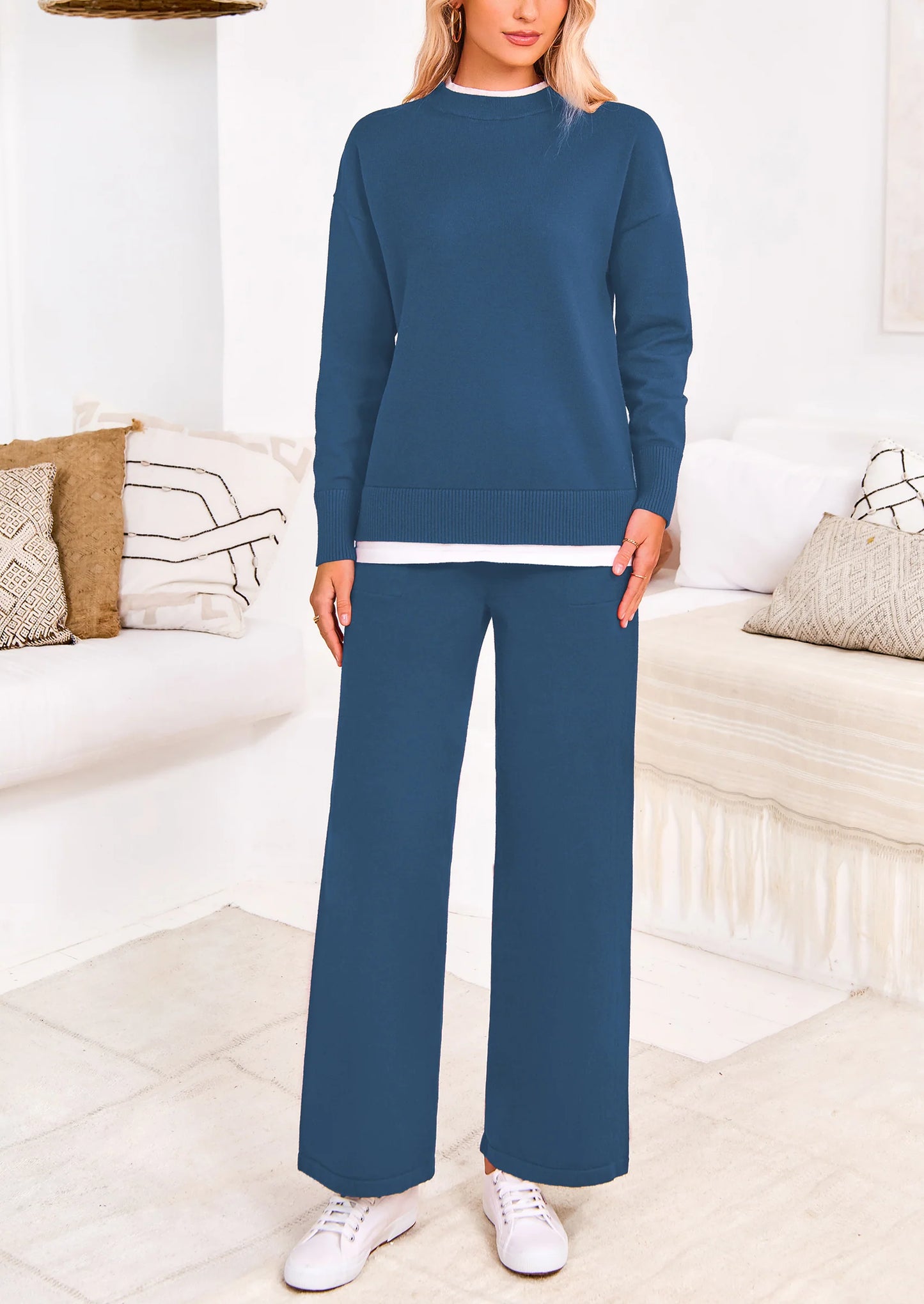 Two Piece Matching Sweater Lounge Sets Knit Long Sleeve Pullover Tops Wide Leg Pants