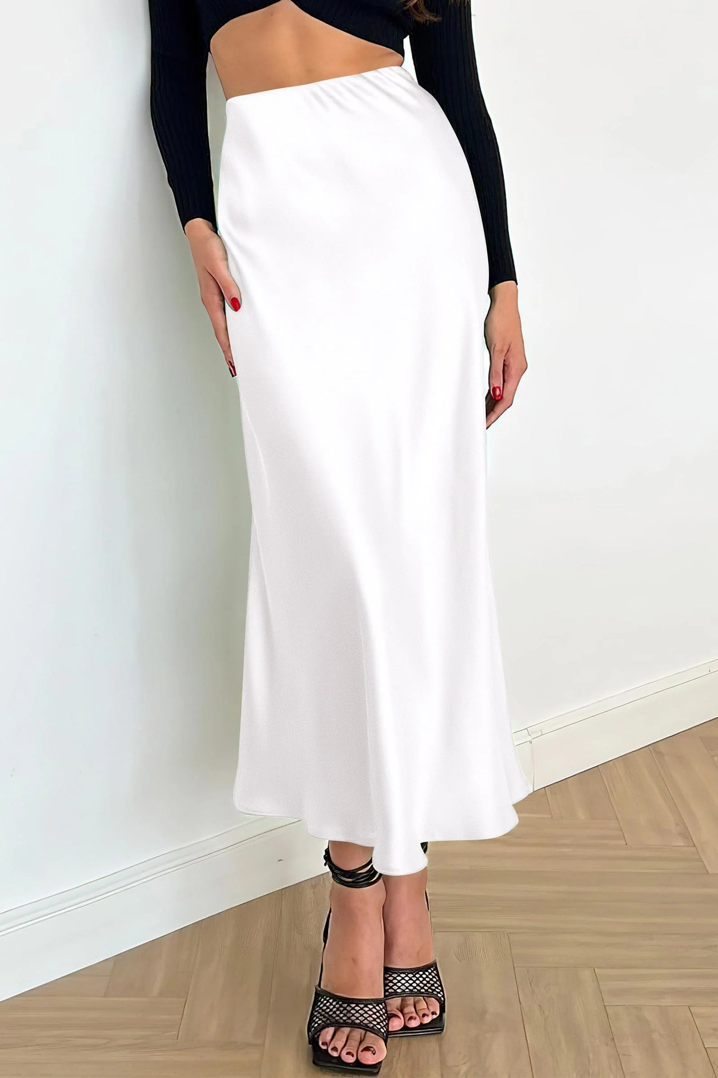 Women's Satin Skirts Dressy Casual Fall High Waisted Cocktail Wedding Flowy Elegant A Line Midi Skirt