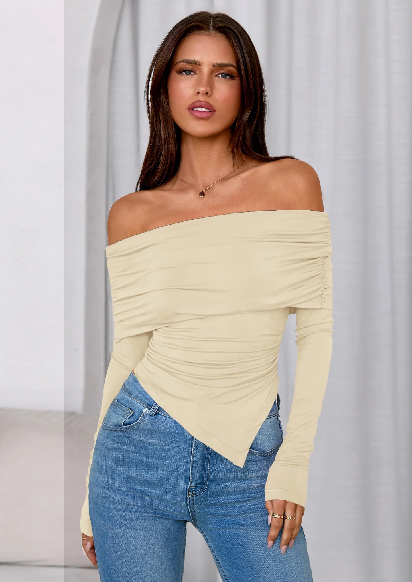 Women's Long Sleeve Shirts Off Shoulder Tops Going Out Slim Fitted Y2K Blouses Fall Fashion Clothes