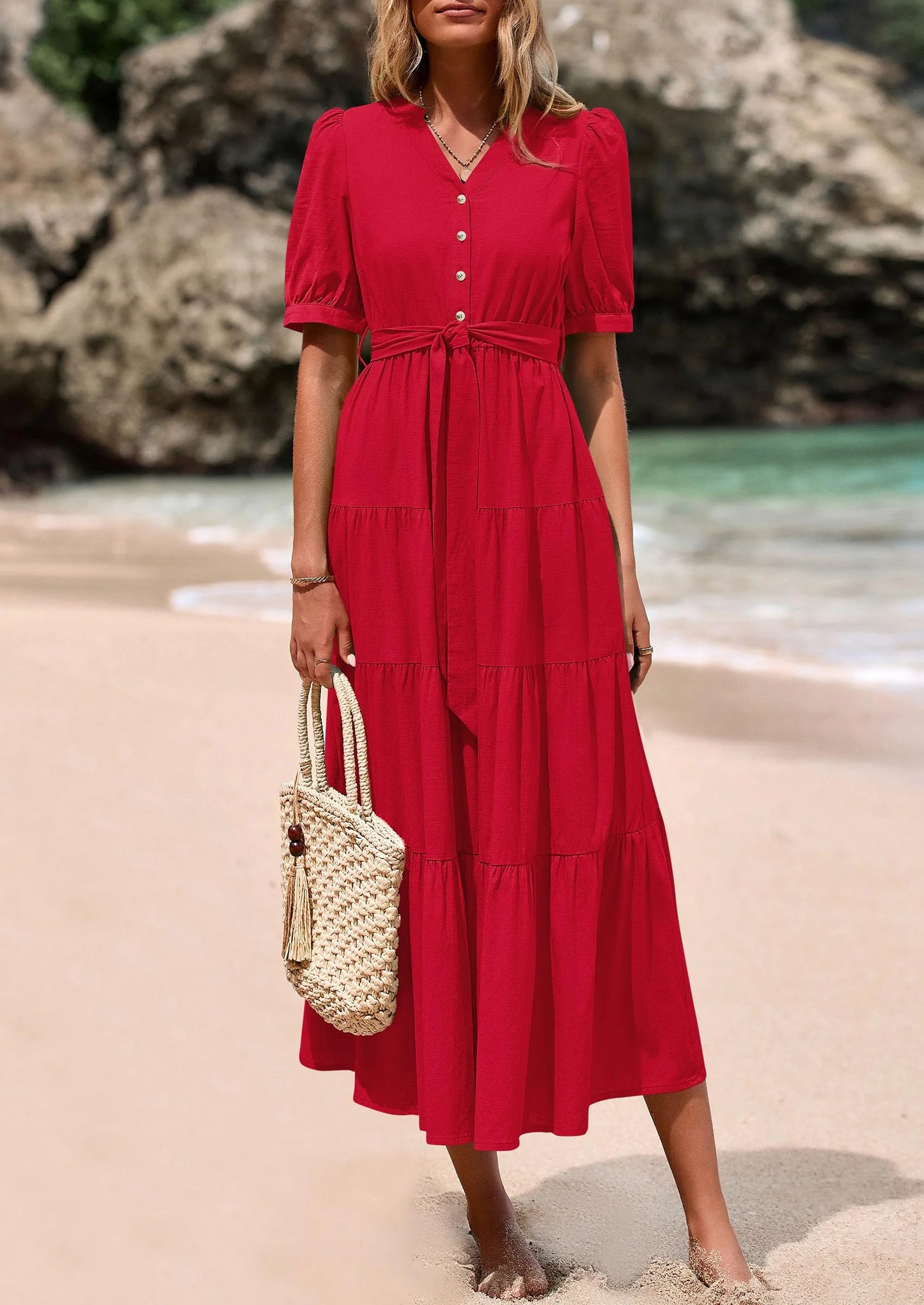 Women's Midi Dress Casual Short Sleeve V Neck Buttons Belted Ruffle A Line Flowy Dress with Pockets