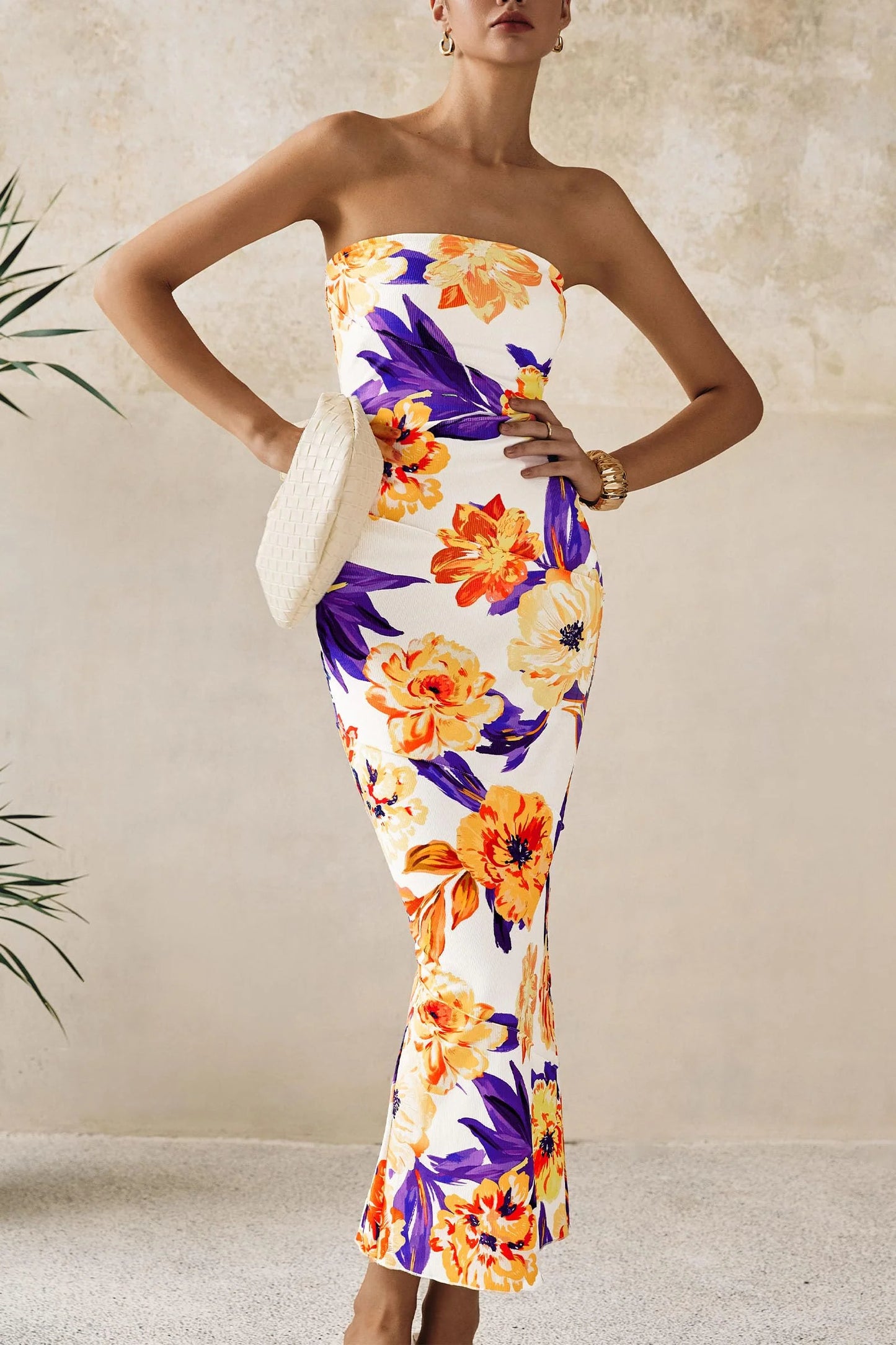 Women's Floral Bodycon Maxi Dresses Ribbed Strapless Tube Casual Boho Party Long Dress