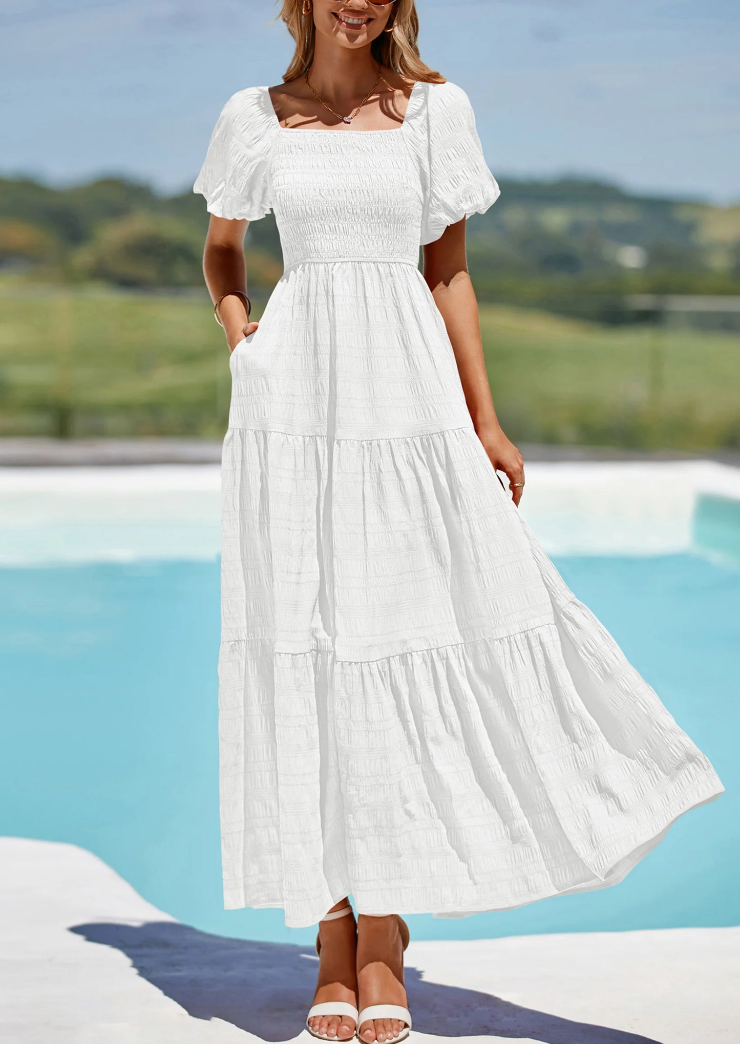 Womens Summer Puff Short Sleeve Maxi Dress Square Neck Smocked Tiered Ruffle A Line Long Flowy Beach Dresses