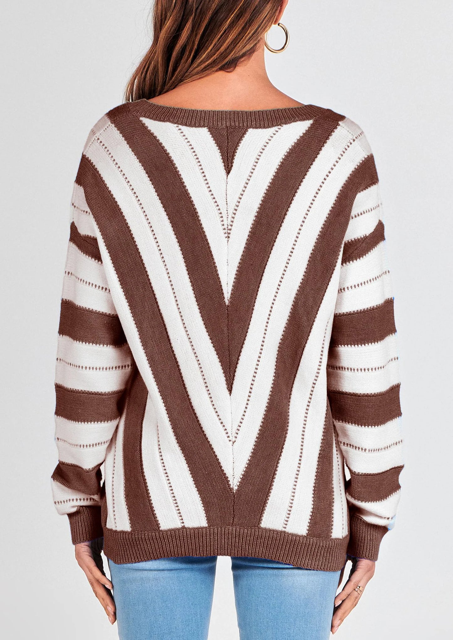 Women's Fashion Long Sleeve Striped Color Block Knitted Sweater Crew Neck Loose Pullover Jumper Tops