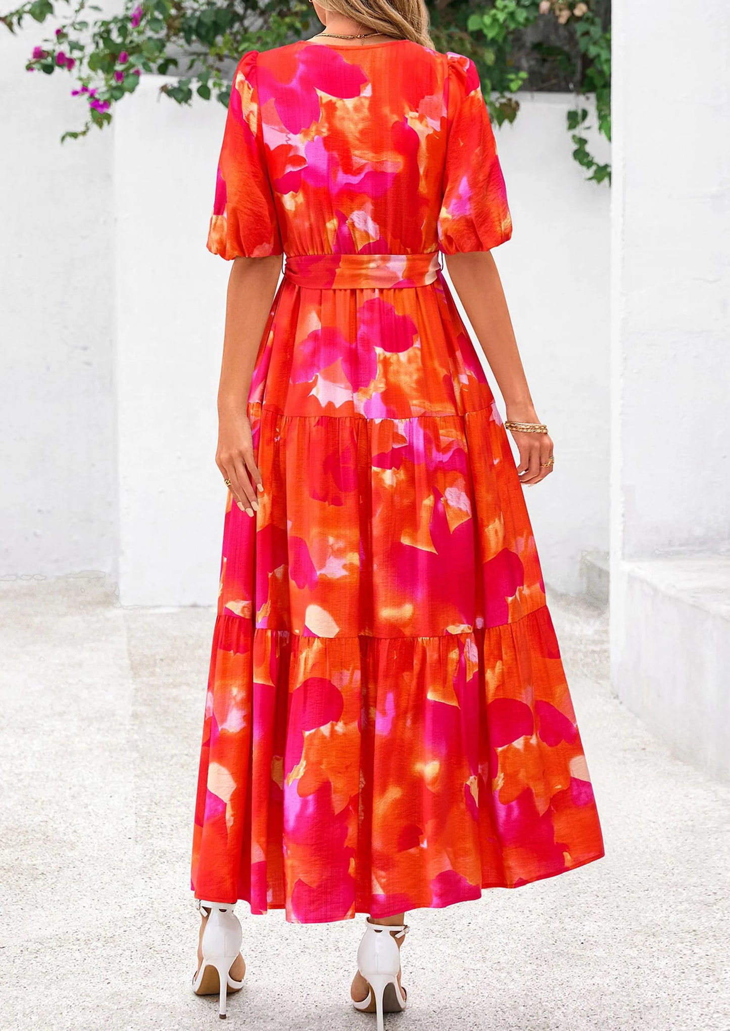Women's Maxi Dress Resort Wear Boho Floral V Neck Puff Short Sleeve Ruffle Flowy Beach Long Dresses