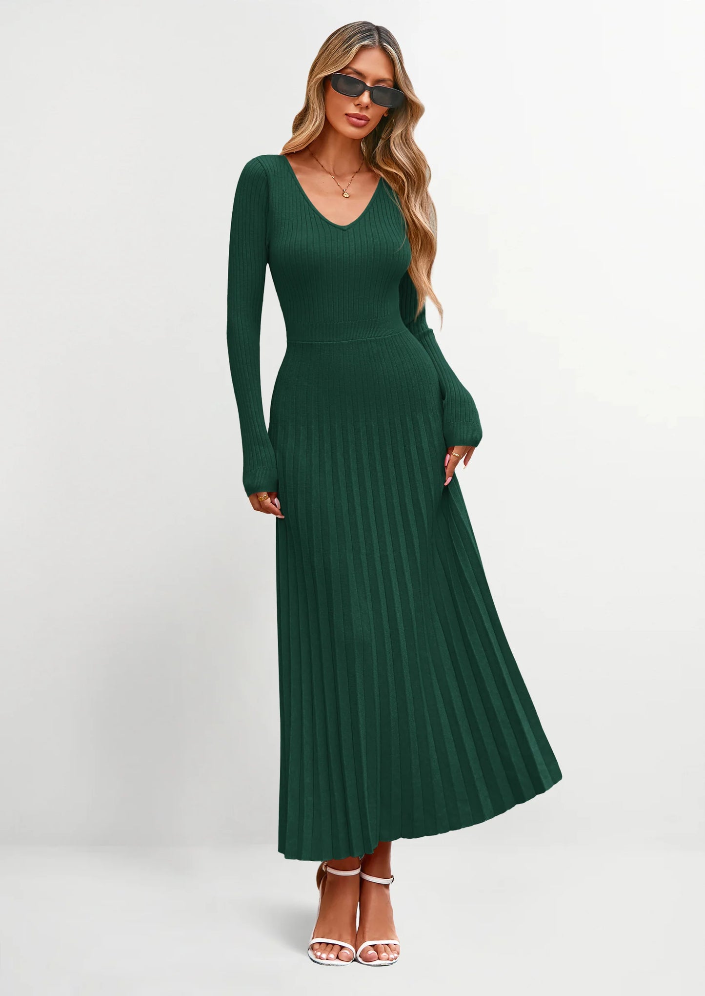 Women Sweater Dress Fall Fashion Long Sleeve V Neck Ribbed Knit Pleated A Line Elegant Maxi Winter Dresses