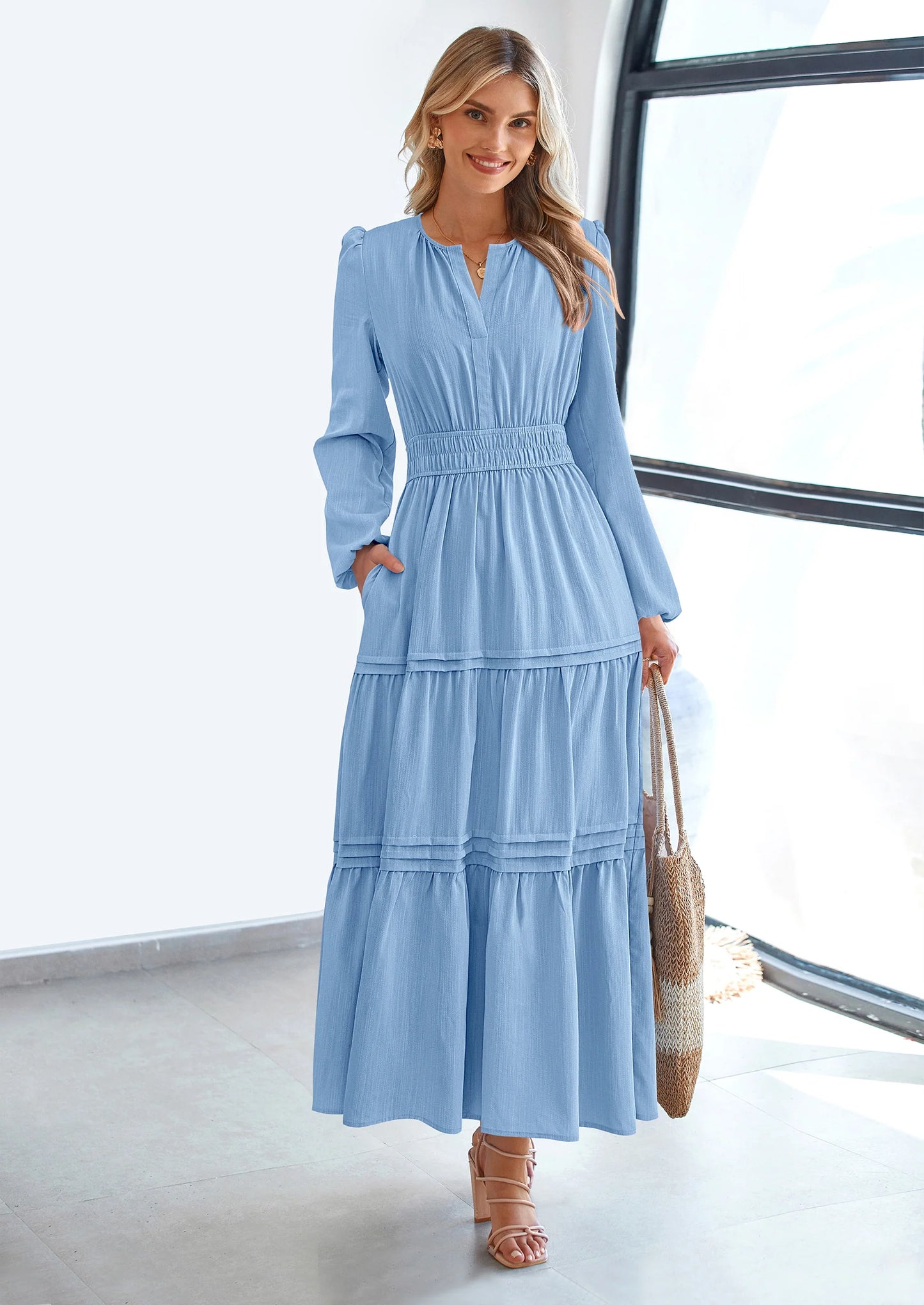 Women's Elegant Maxi Dresses Long Sleeve V Neck Flowy Pockets Casual Modest Dress Fall Fashion Clothes