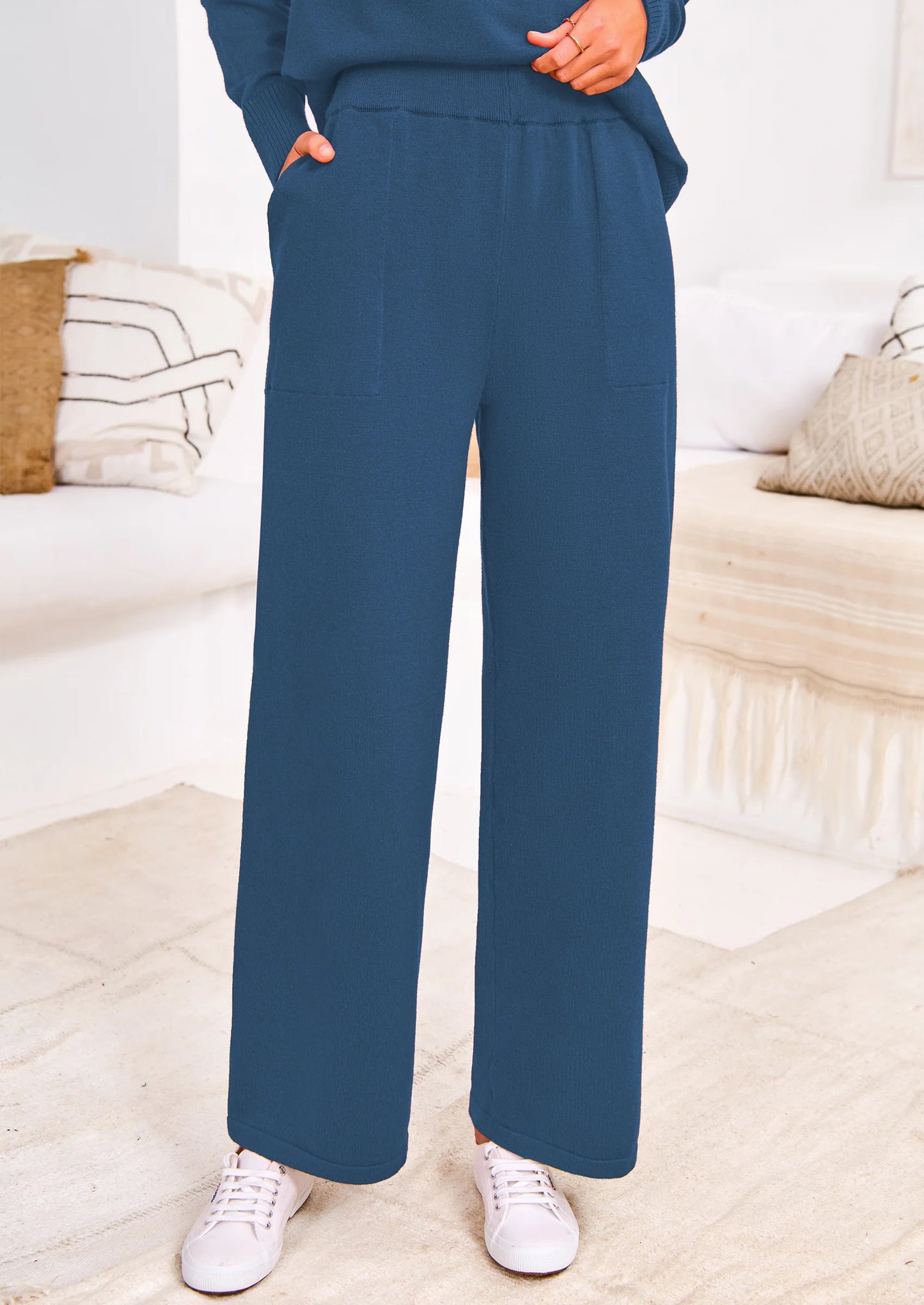 Two Piece Matching Sweater Lounge Sets Knit Long Sleeve Pullover Tops Wide Leg Pants
