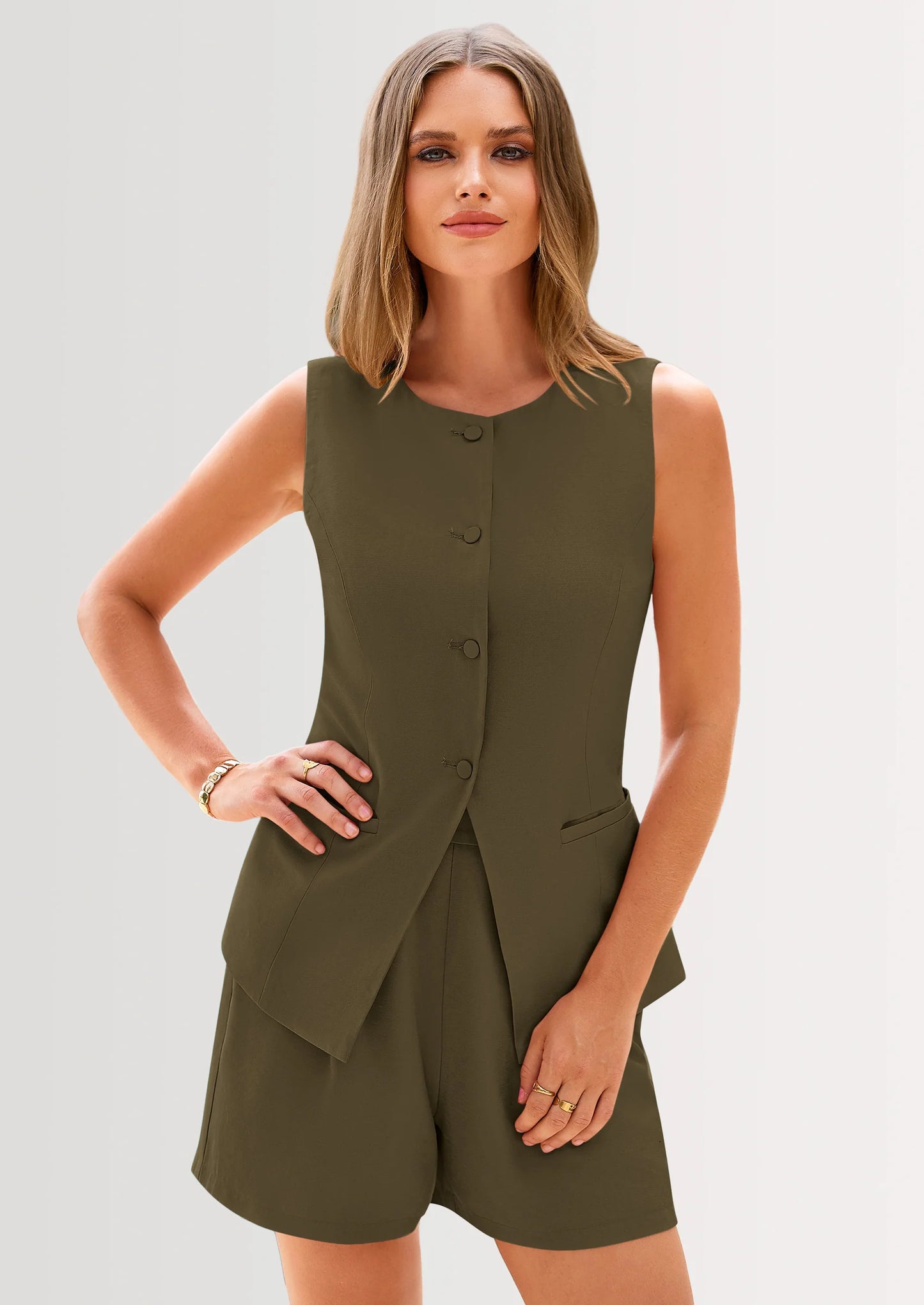 Two Piece Sets Button Down Suit Vest Tops High Waisted Shorts Business Casual Outfits