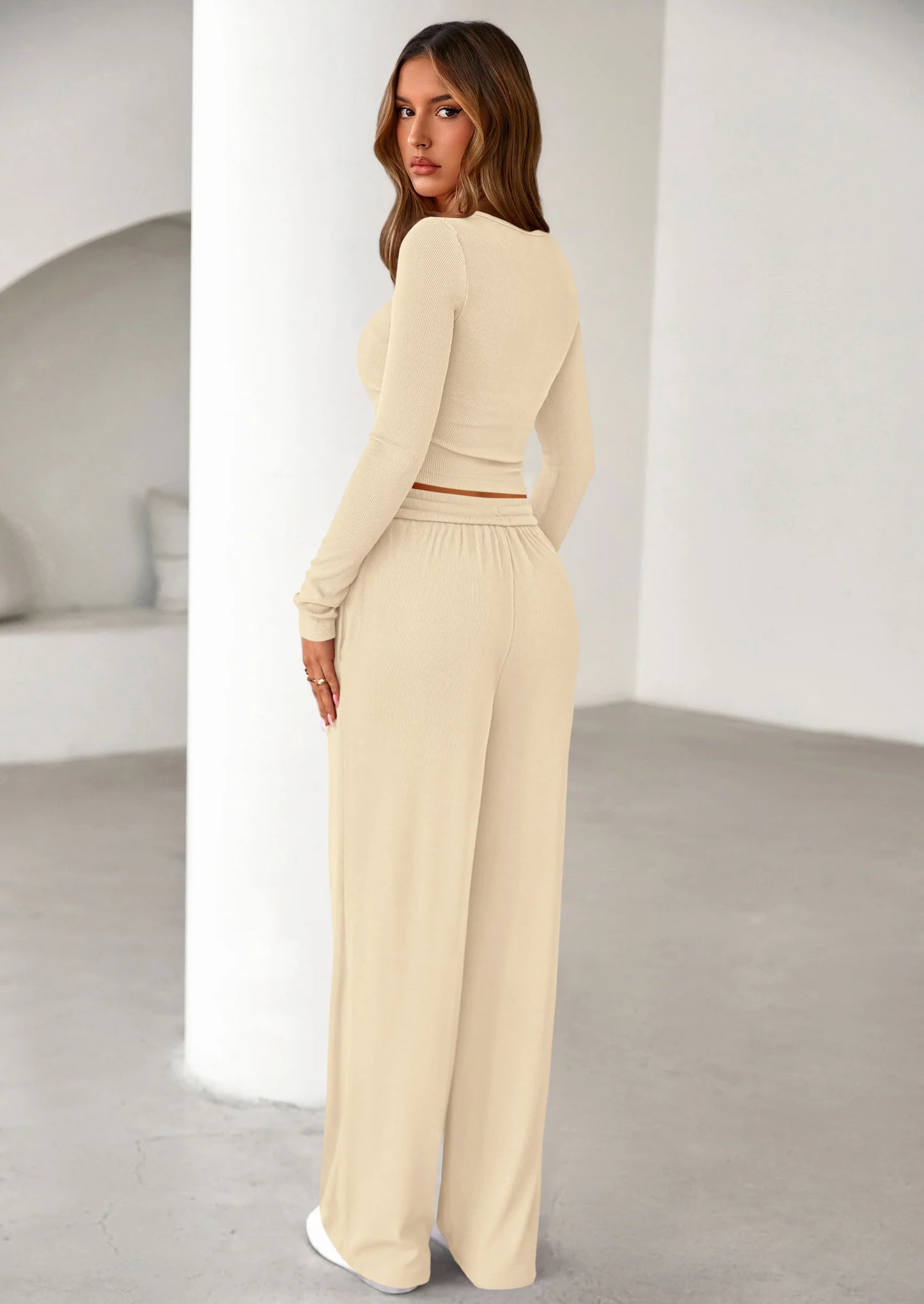 Women's Fall Trendy 2 Piece Outfits Lounge Sets Long Sleeve Top Henley Shirts Wide Leg Pants Travel Clothes
