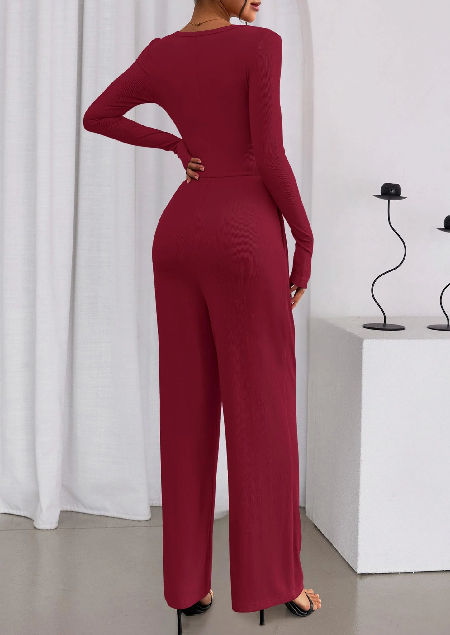 Jumpsuits for Women Dressy Casual Fall One Piece Outfits Long Sleeve Crew Neck Wide Leg Pants Rompers