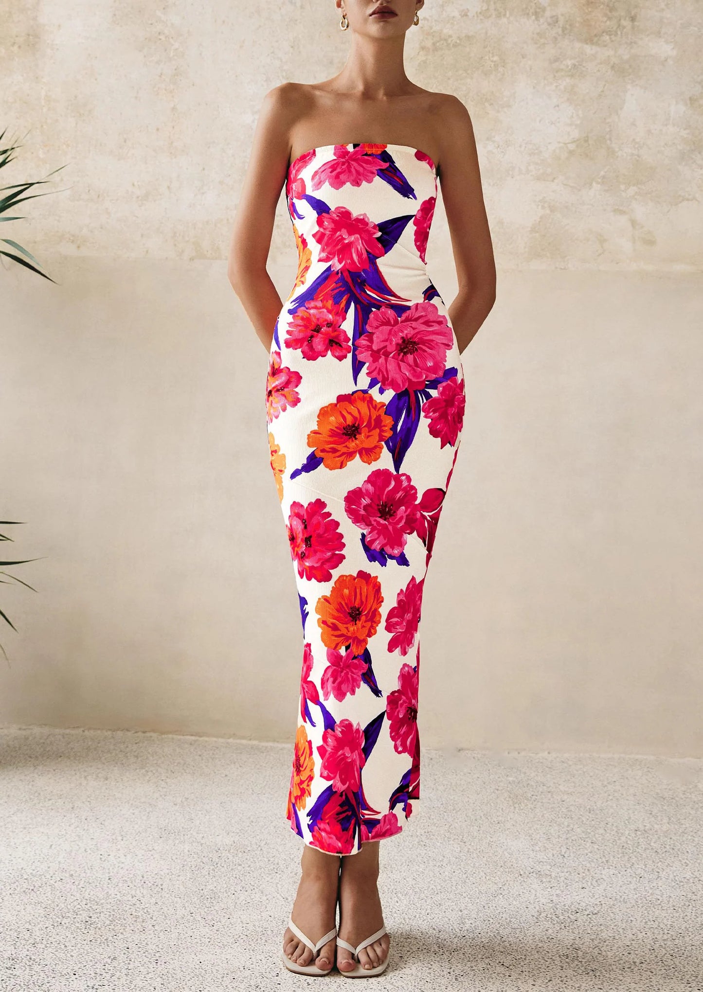 Women's Floral Bodycon Maxi Dresses Ribbed Strapless Tube Casual Boho Party Long Dress