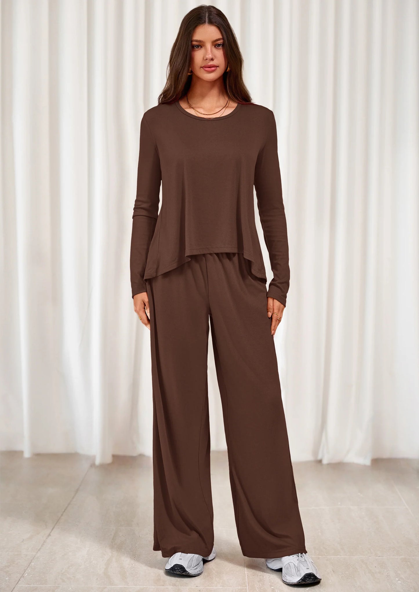 Women's 2 Piece Fall Sets  Casual Long Sleeve Shirts Wide Leg Pants Lounge Travel Outfits Fashion Clothing