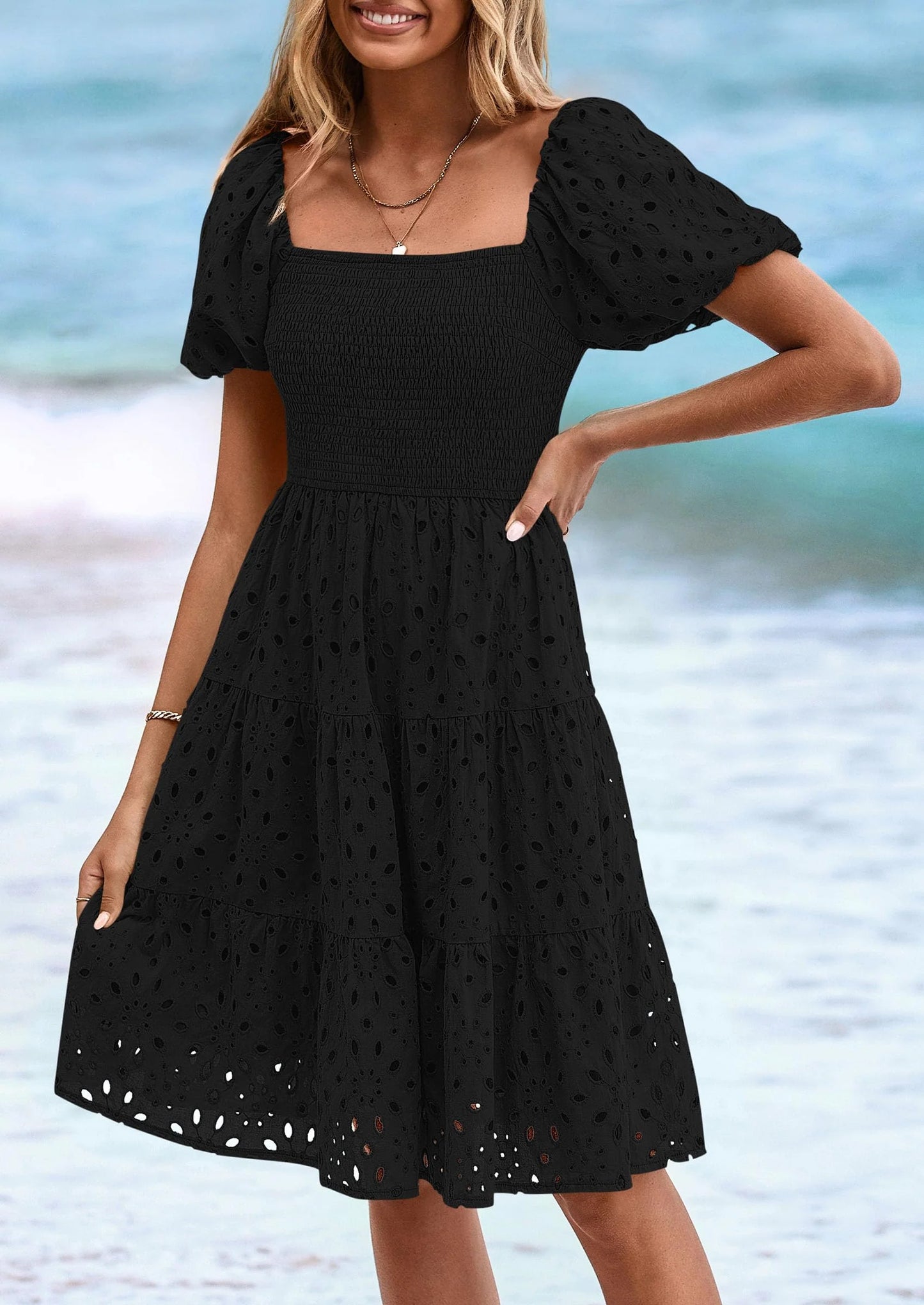 Womens Summer Puff Sleeve Mini Dress Off Shoulder Eyelet Smocked A Line Casual Babydoll Short Dresses