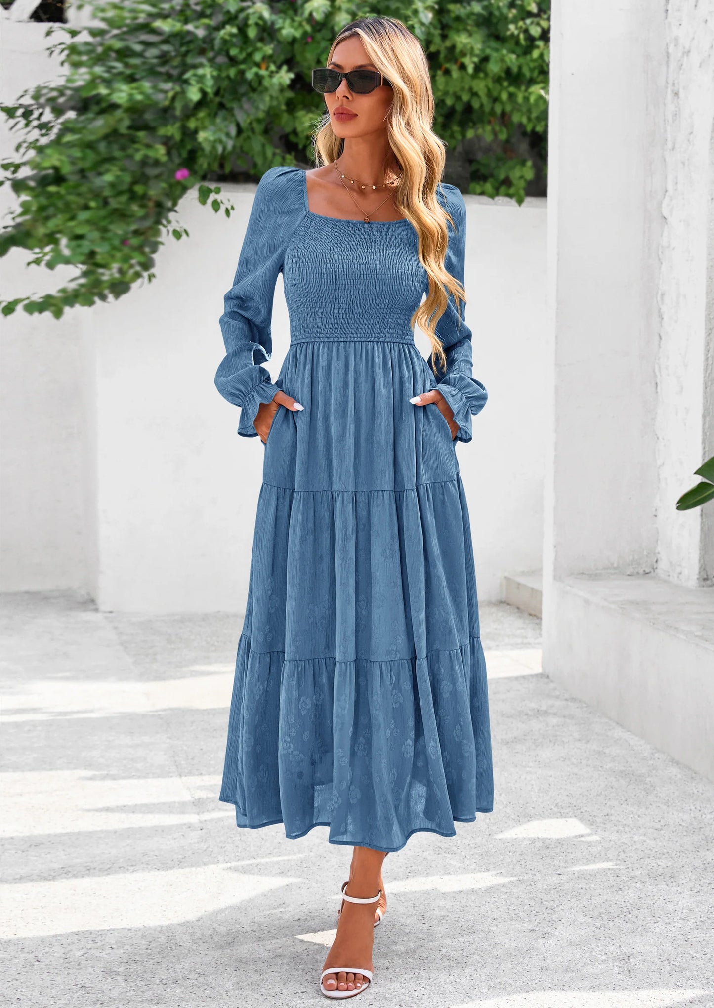 Fall Wedding Guest Dresses for Women Floral Long Sleeve Smocked Tiered Elegant Long Flowy Boho Dress