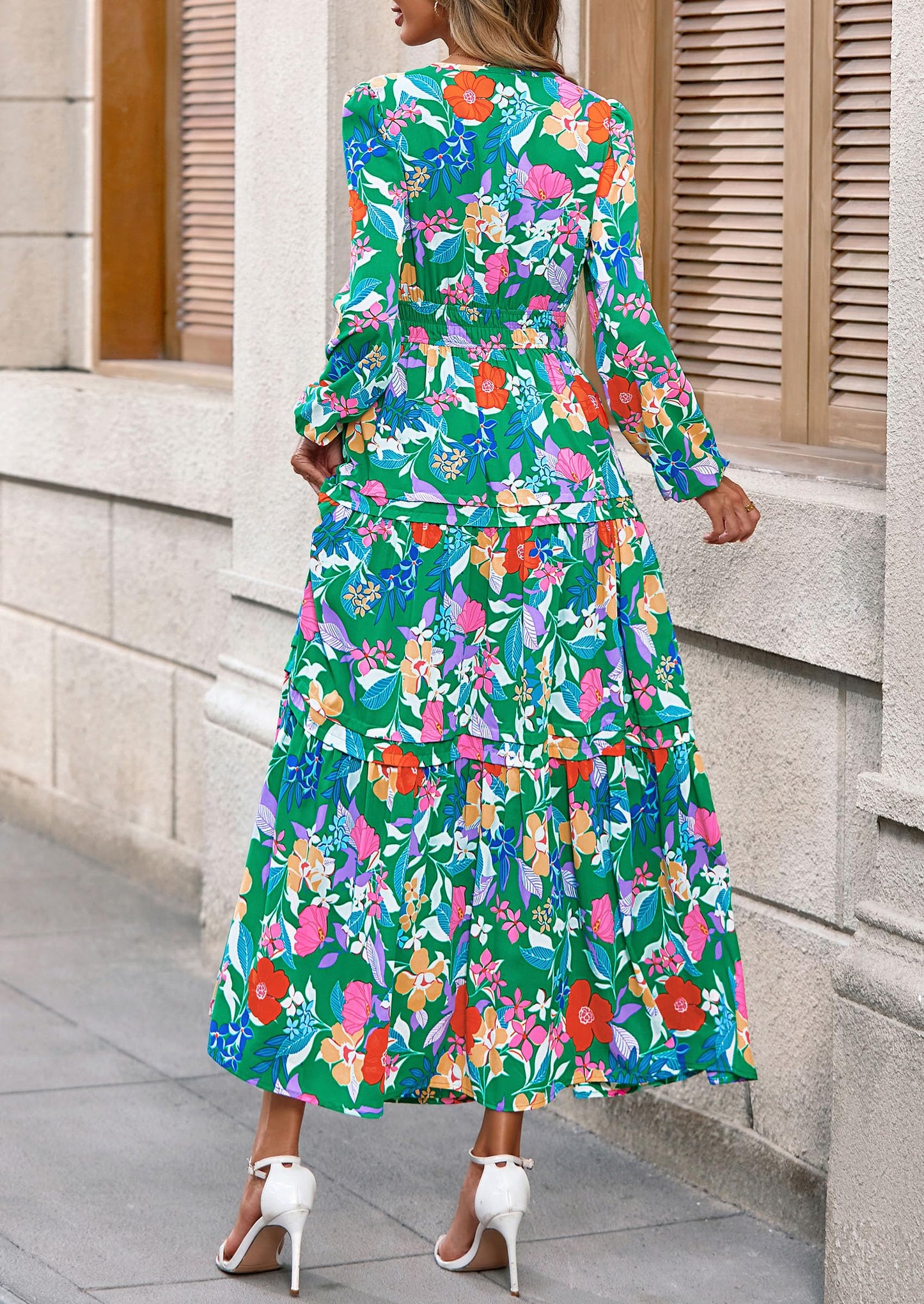 Women's Fall Boho Maxi Dresses Floral Long Sleeve V Neck Flowy Elegant Wedding Guest Dress Vacation Outfits