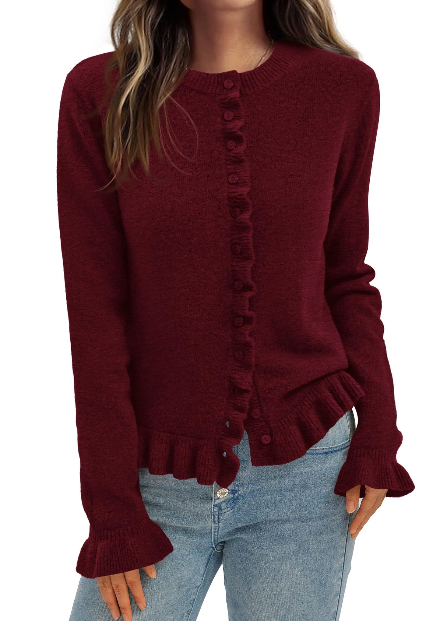 Womens Fall Button Down Cardigans Chunky Knit Ruffle Open Front Cropped Cardigan Sweaters Soft Long Sleeve Tops