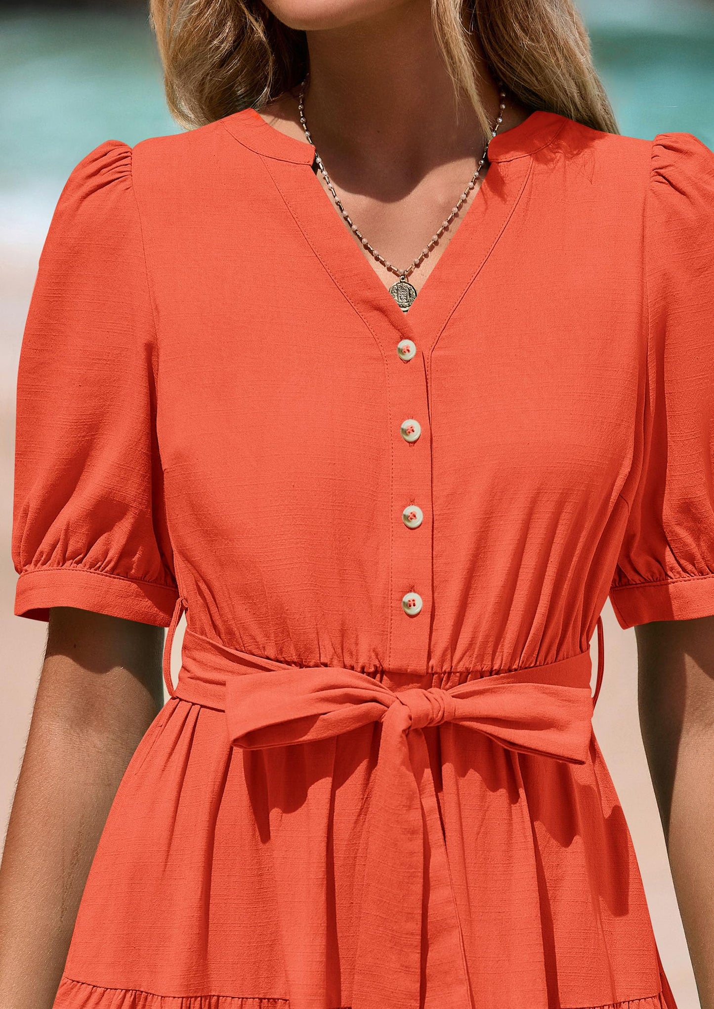 Women's Midi Dress Casual Short Sleeve V Neck Buttons Belted Ruffle A Line Flowy Dress with Pockets