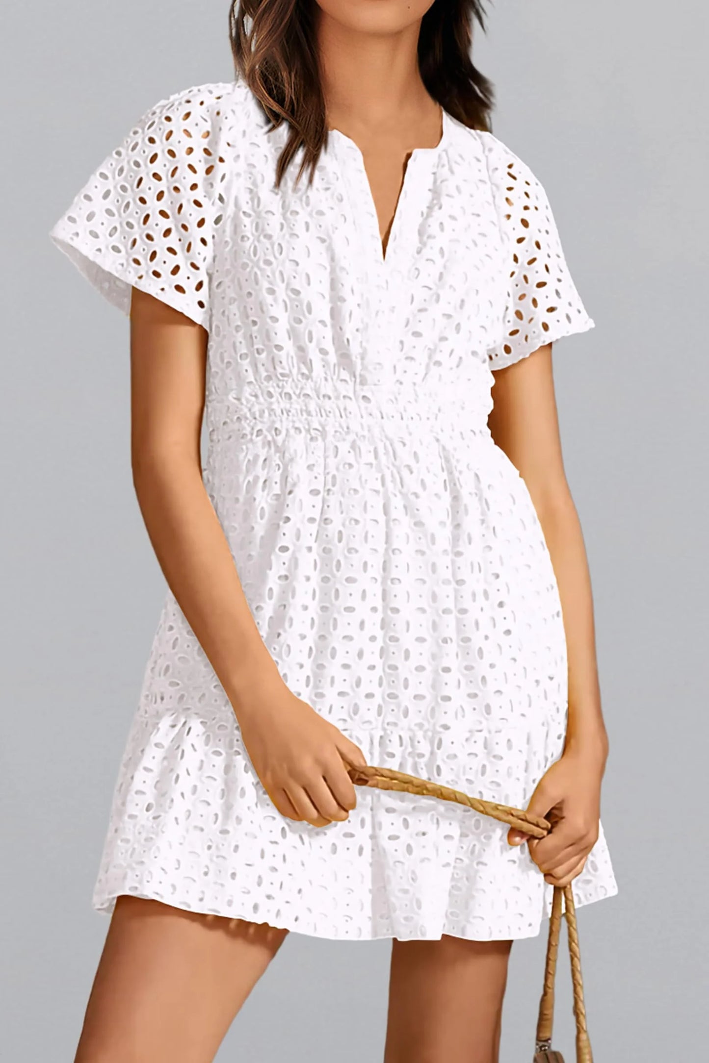Women Summer Short Dress V Neck Short Sleeve A Line Hollow Out Lace Ruffle Cute Casual Beach Party Dresses