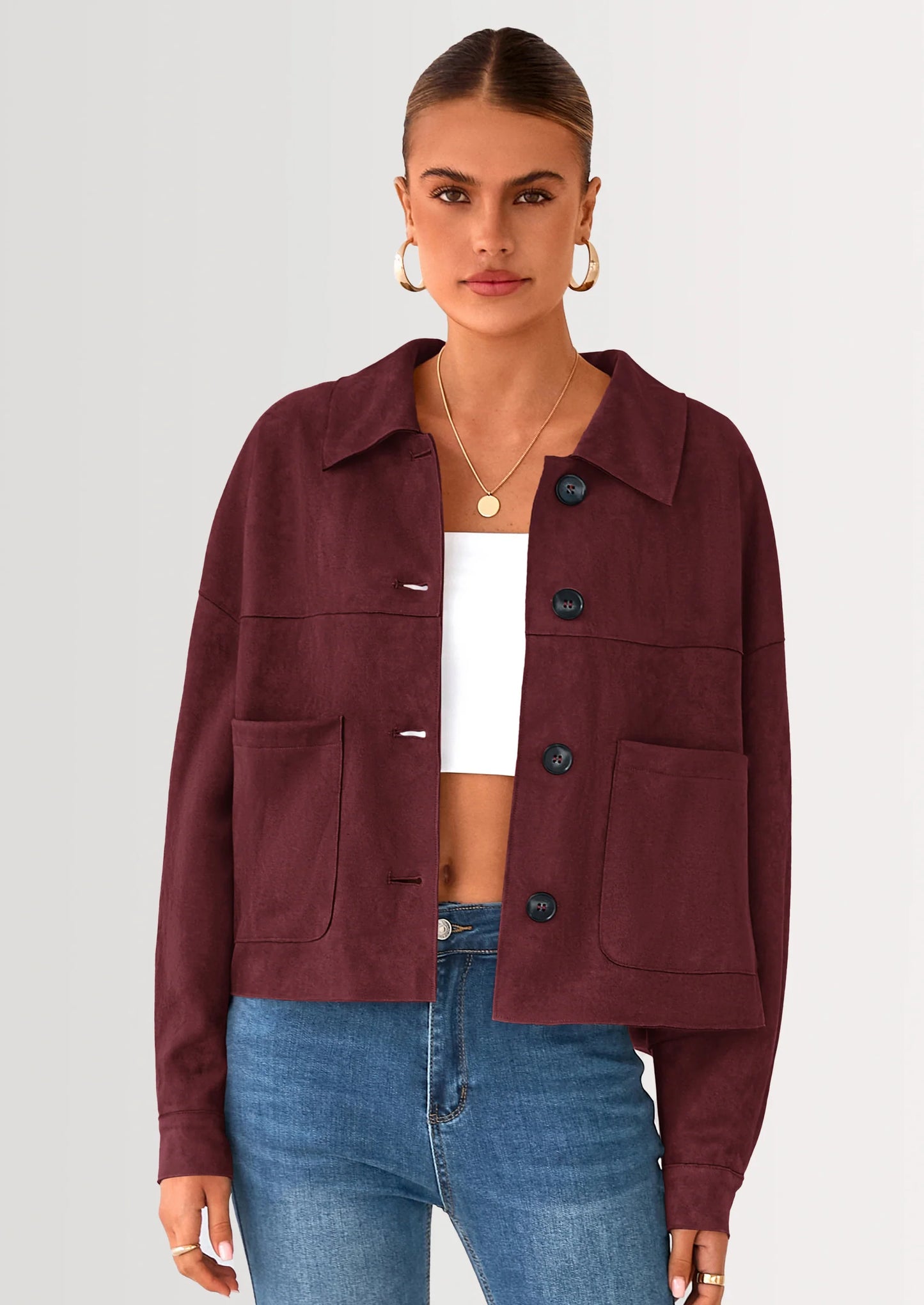 Women's Faux Suede Cropped Jacket Casual Lightweight Fall Fashion Winter Coats Outerwear Trendy Clothes