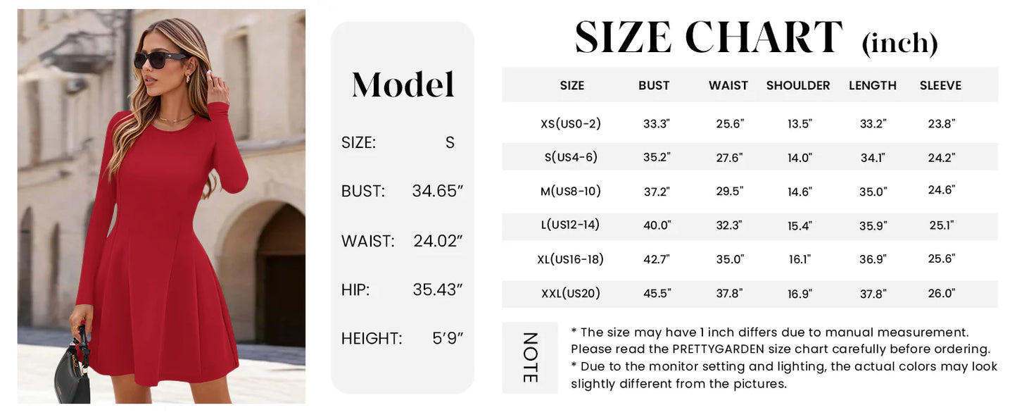 Long Sleeve Mini Dress for Women Fall Crewneck Knit Pleated Babydoll A Line Soft Casual Short Party Dresses