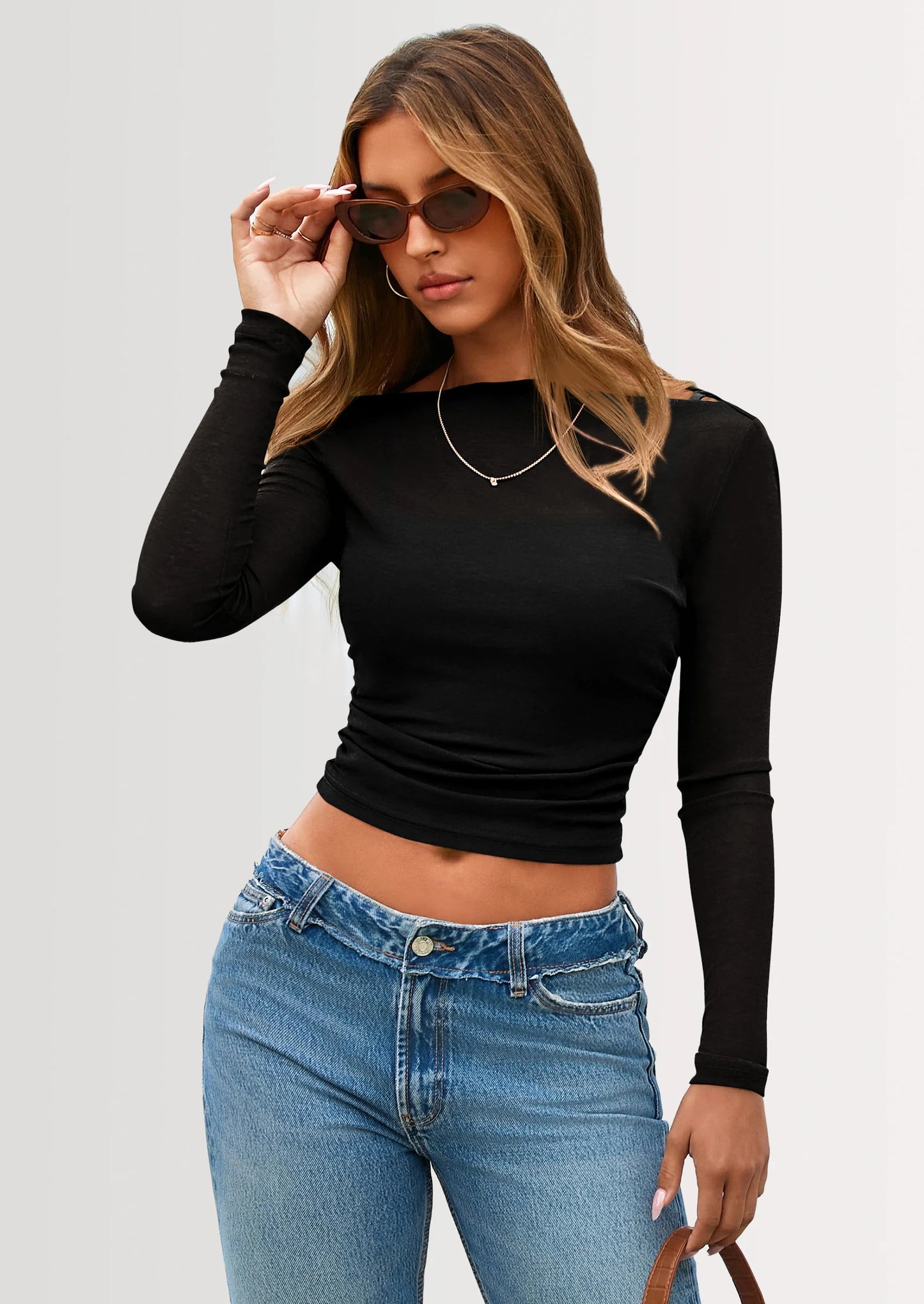 Women's Long Sleeve Sheer Crop Tops Boat Neck See Through Cover Up with Spaghetti Strap Camisole 2 Piece Blouses