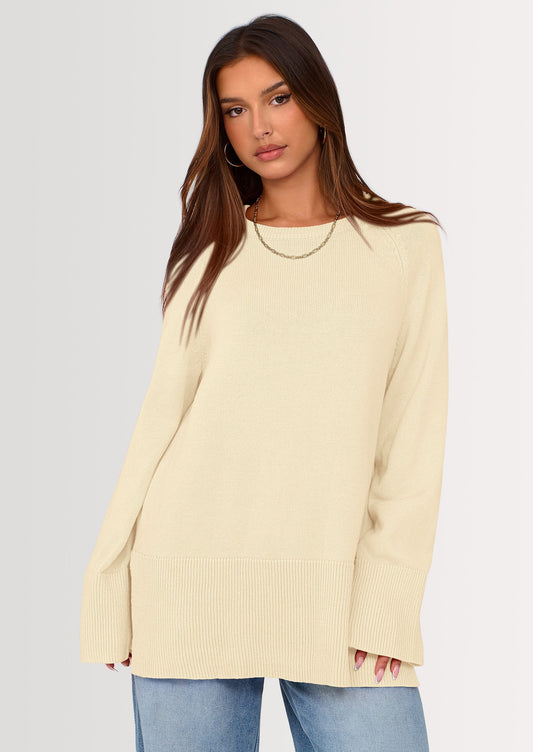 Women's Knit Fall Sweaters Long Sleeve Pullover Crewneck Split Hem Oversized Tunic Sweater Tops Winter Clothing