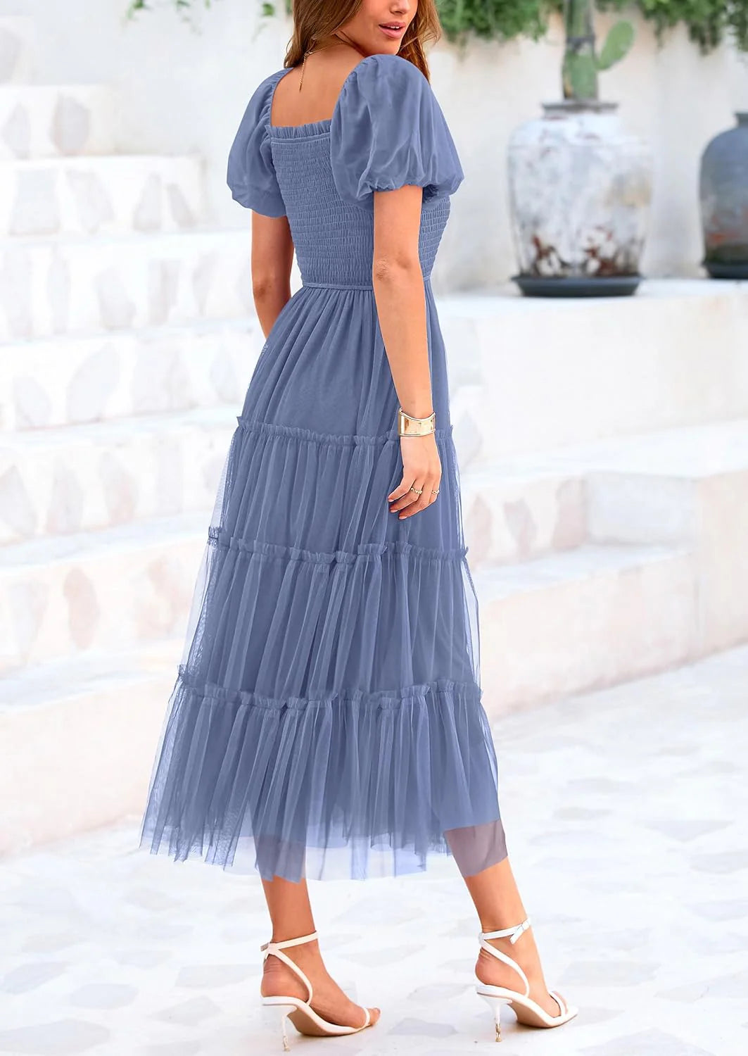 Women's Smocked Tulle Midi Dress Square Neck Puffy Short Sleeve Ruffle Wedding Guest Party Dresses